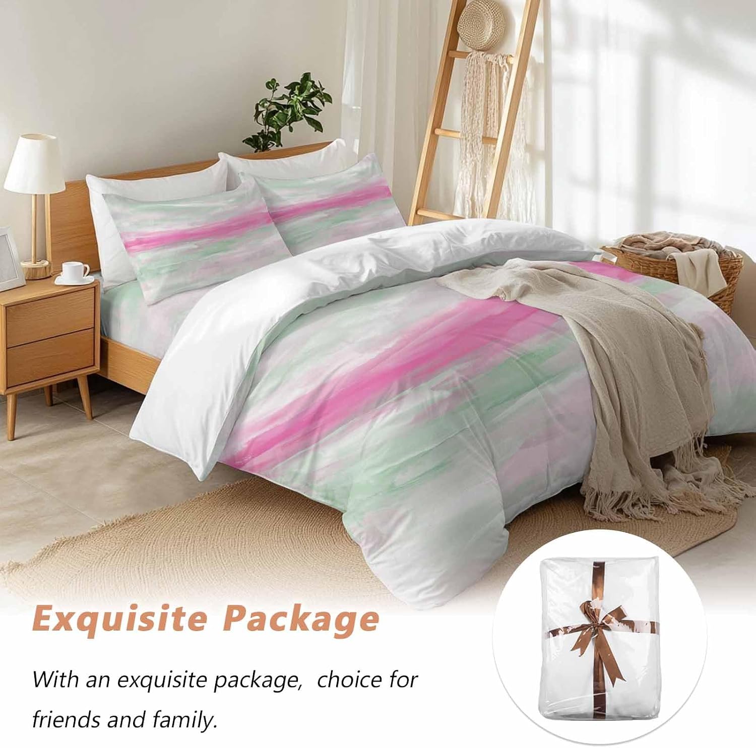 Abstract Sunset Duvet Cover Set Queen Size 4 Pieces Pink Green White Gradient Modern Oil Painting Bedding Set with Zipper Closure, 1 Comforter Cover 90x92 Inches 1 Flat Sheet & 2 Pillow Cases