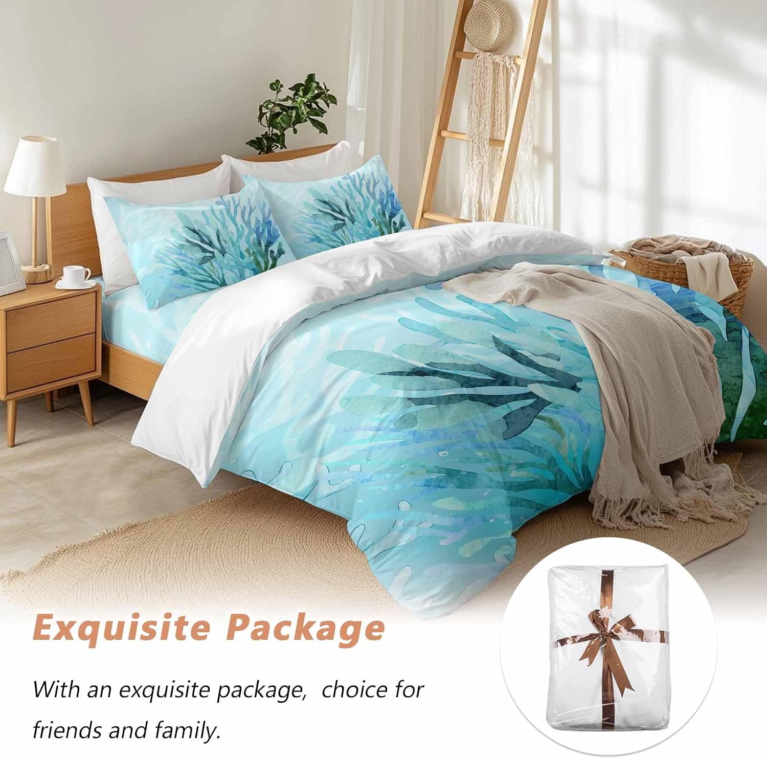 Prime Leader Blue Gradient Coral Duvet Cover Set Queen Size 4 Pieces Ocean Coastal Sea Watercolor Coral Bedding Set with Zipper Closure, 1 Comforter Cover 86x86 Inches 1 Flat Sheet & 2 Pillow Cases