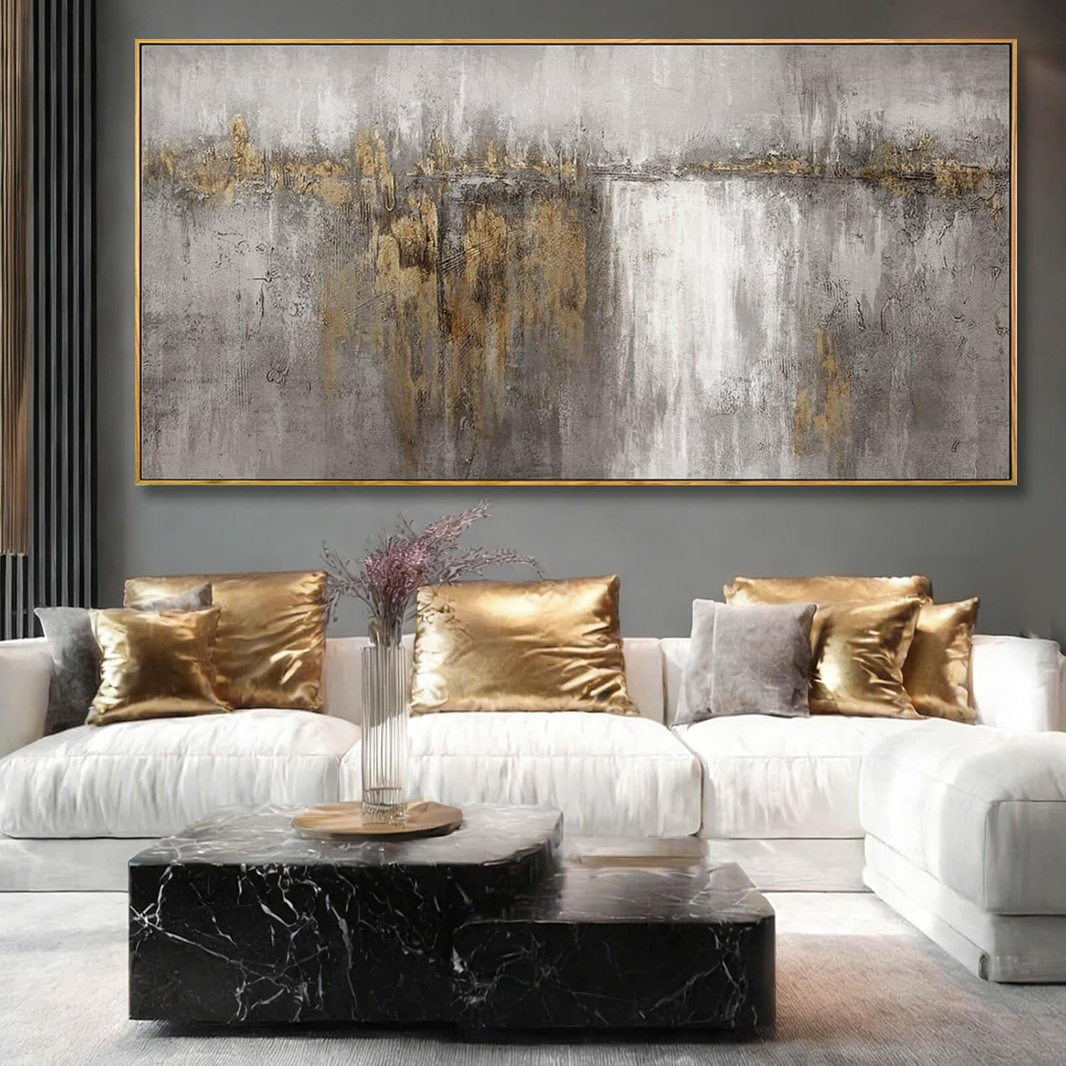 Abstract Hanging Art Grey and Gold Poster Print Neutral Decorative Pictures 36'x70' Poster for Bedroom Artwork for Office