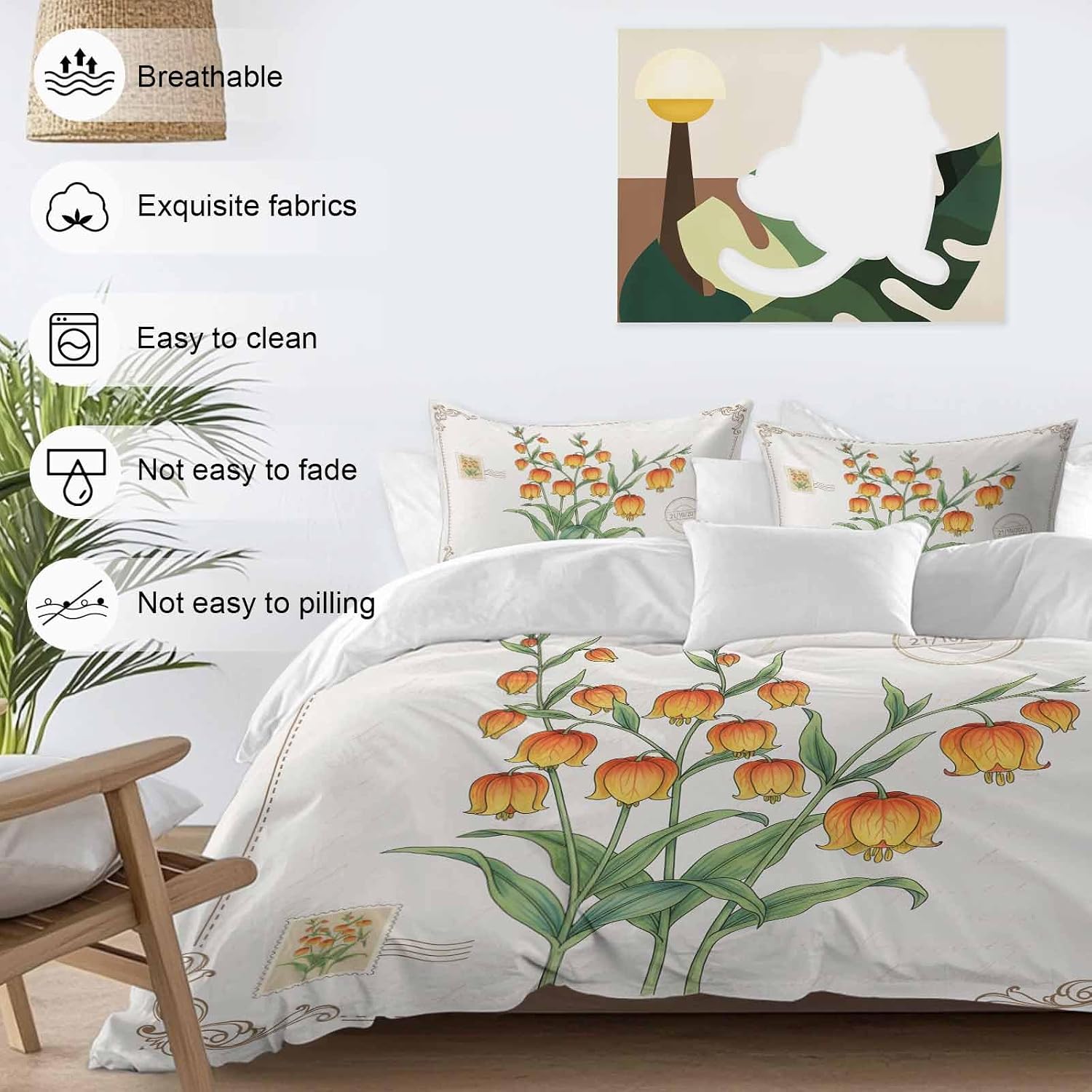 Orange Floral Duvet Cover Set Queen Size 4 Pieces Country Pastoral Watercolor Flowers Green Leaf Bedding Set with Zipper Closure, 1 Comforter Cover 90x92 Inches 1 Flat Sheet & 2 Pillow Cases
