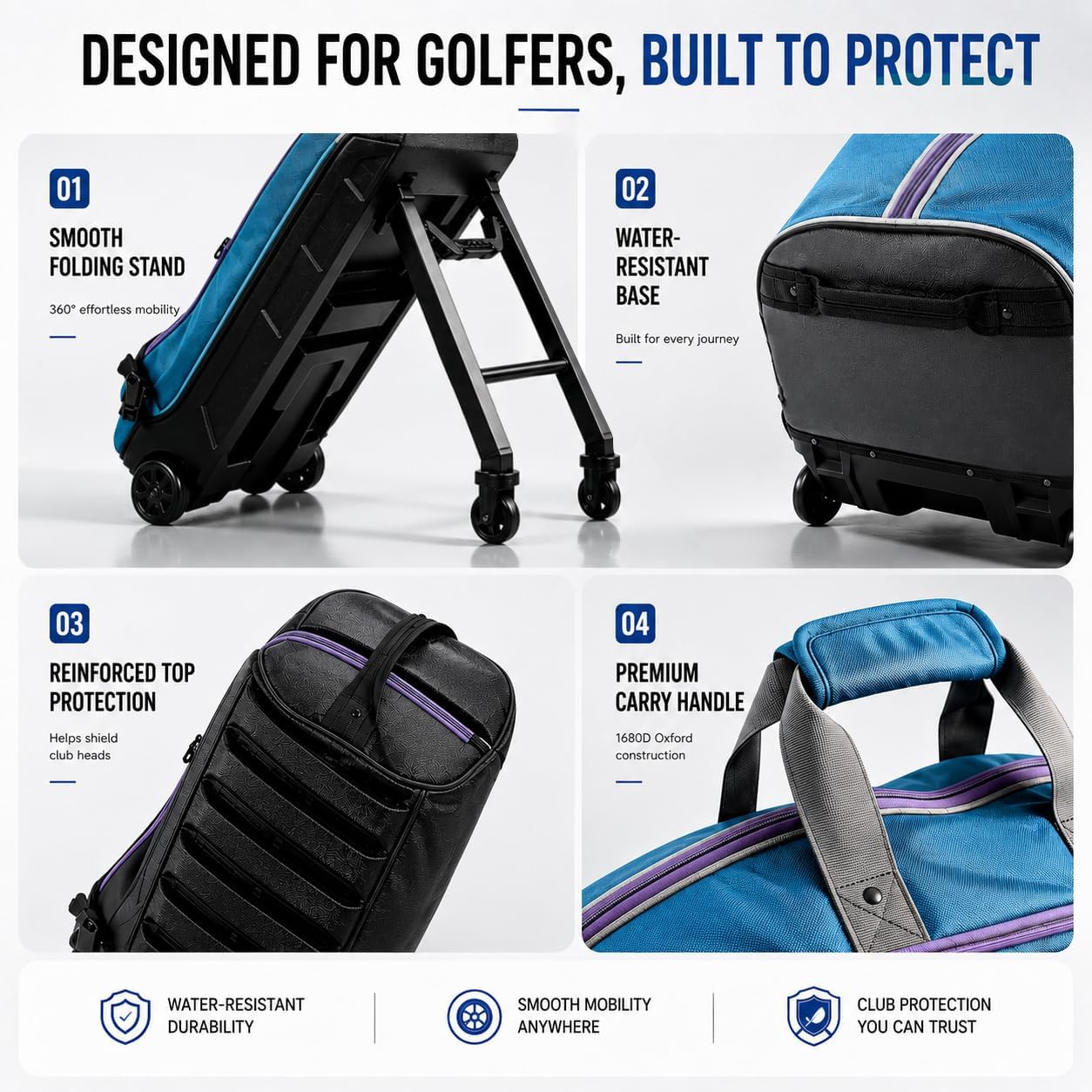 Premium Golf Travel Bag for Airlines with 4-Wheel Hands-Free Rolling & 2-Wheel Pull Mode, Enhanced Head Protection, Reinforced Hard Base
