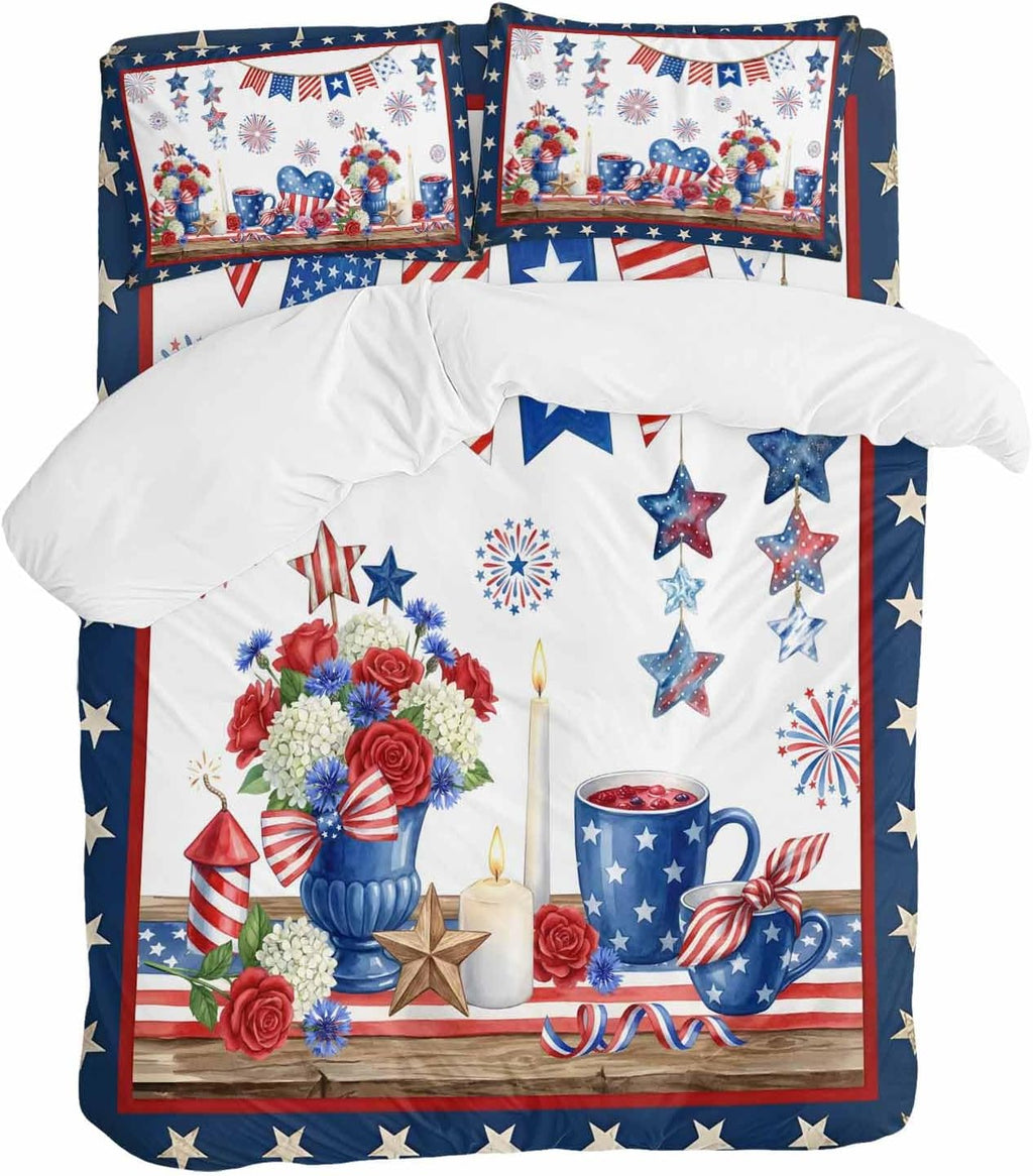 Prime Leader Independence Day Duvet Cover Set Queen Size 4 Pieces Retro Red Blue USA Flag Floral Star Bedding Set with Zipper Closure, 1 Comforter Cover 90x92 Inches 1 Flat Sheet & 2 Pillow Cases
