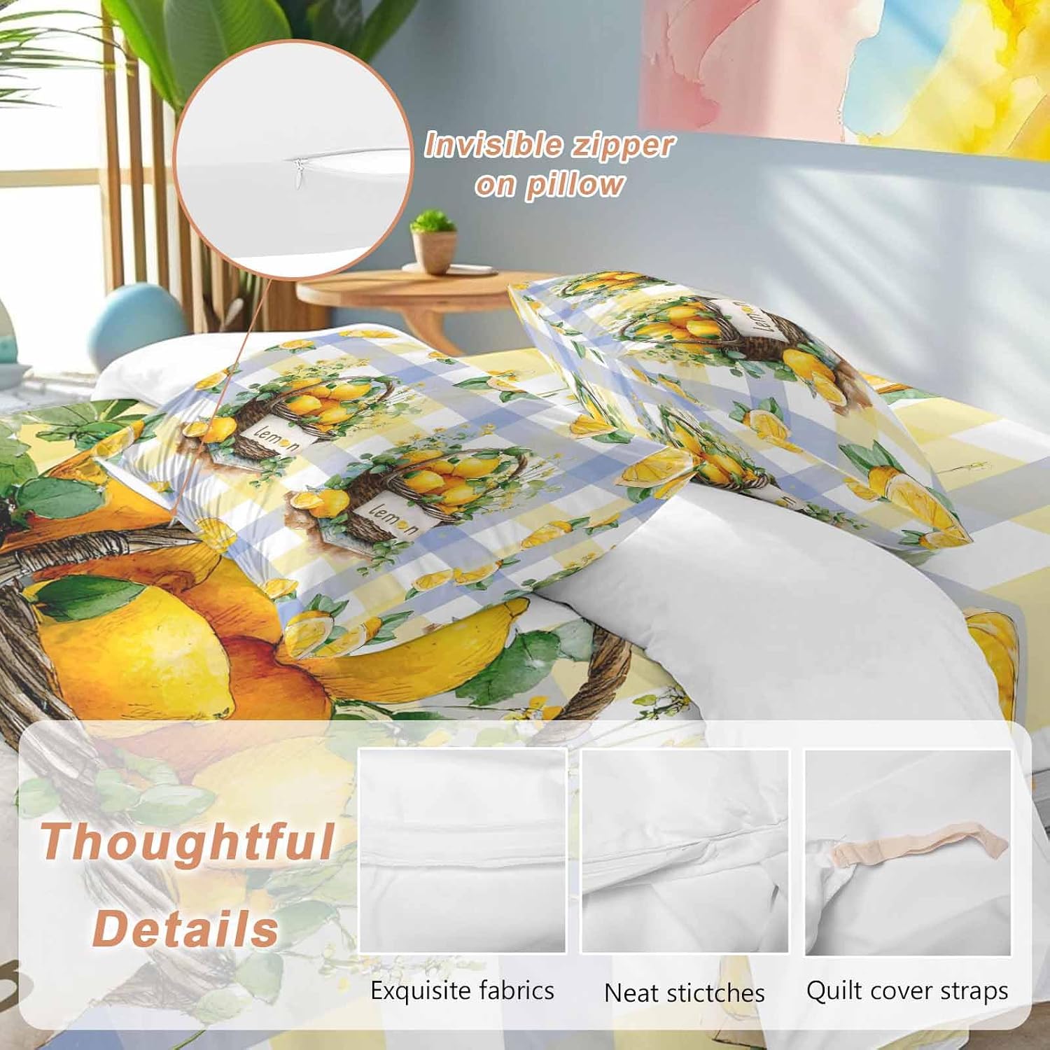 Summer Fruit Duvet Cover Set Queen Size 4 Pieces Watercolor Lemon Frame Letter Print Blue Yellow Plaid Bedding Set with Zipper Closure, 1 Comforter Cover 90x92 Inches 1 Flat Sheet & 2 Pillow Cases