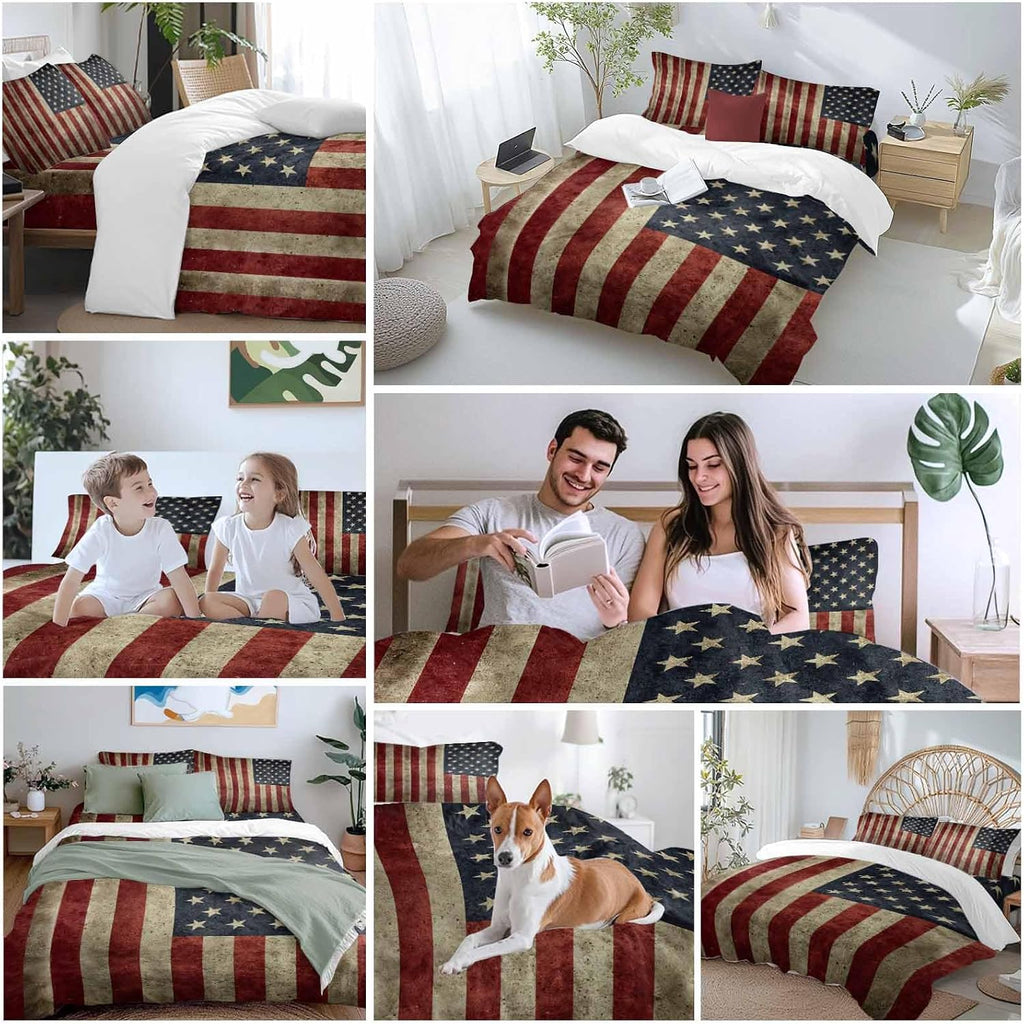 Vintage U.S. Flag Duvet Cover Set Queen Size 4 Pieces Red White Striped Star Independence Day Bedding Set with Zipper Closure, 1 Comforter Cover 86x86 Inches 1 Flat Sheet & 2 Pillow Cases