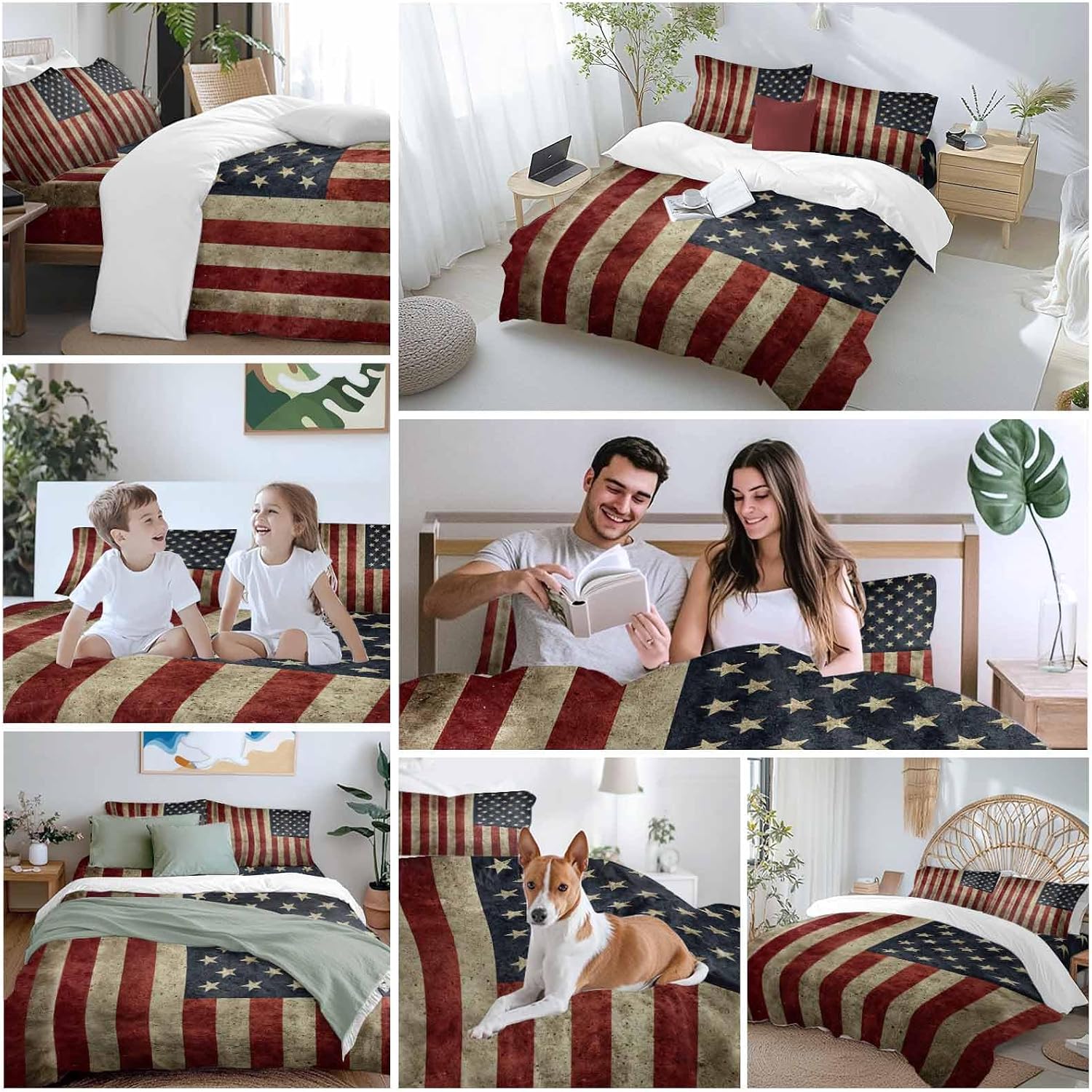Vintage U.S. Flag Duvet Cover Set Queen Size 4 Pieces Red White Striped Star Independence Day Bedding Set with Zipper Closure, 1 Comforter Cover 86x86 Inches 1 Flat Sheet & 2 Pillow Cases