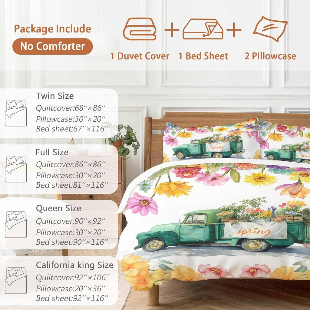 Spring Floral Duvet Cover Set Queen Size 4 Pieces Oil Painting Flower Watercolor Farm Light Blue Truck Bedding Set with Zipper Closure, 1 Comforter Cover 86x86 Inches 1 Flat Sheet & 2 Pillow Cases