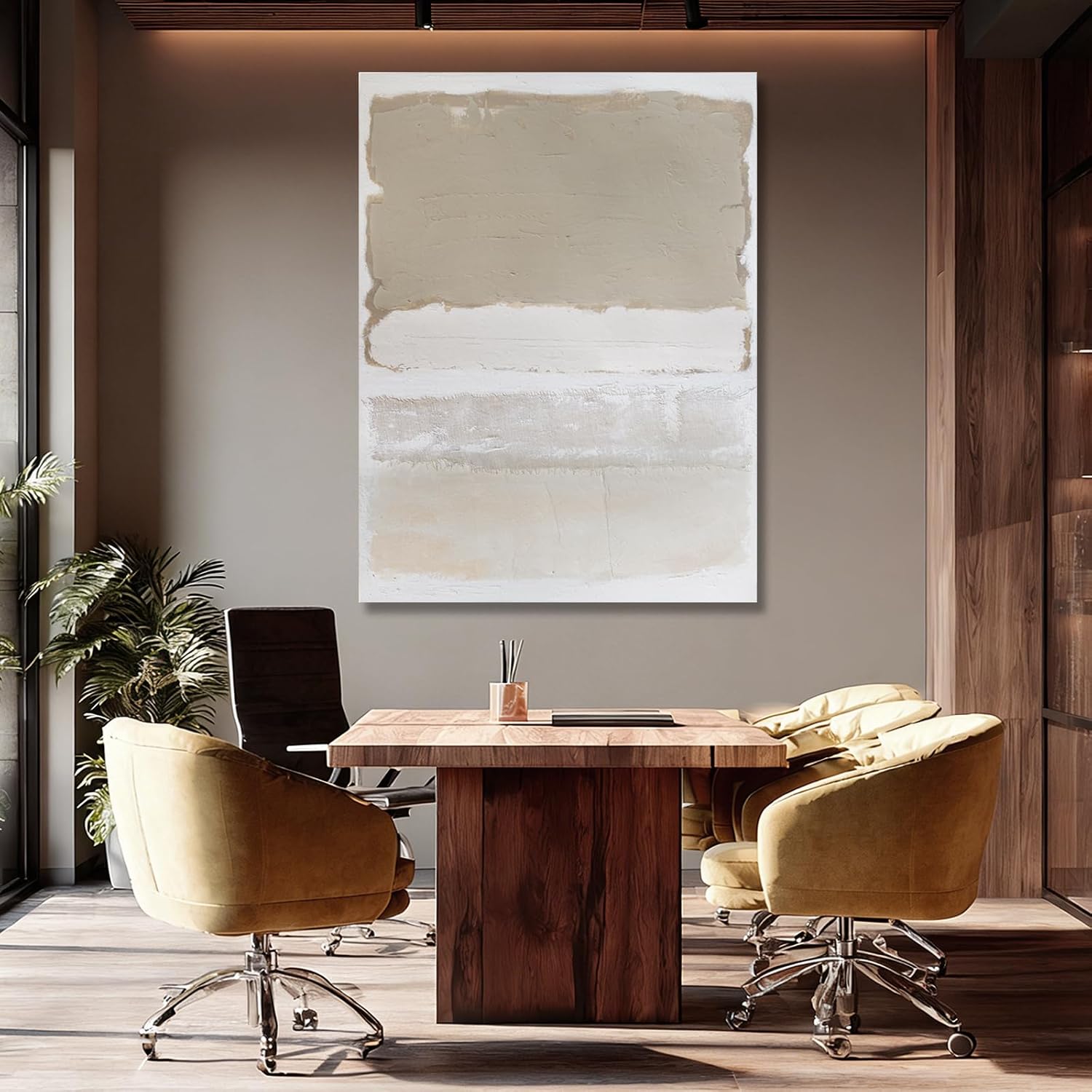 SHEYOYE Hand-painted Abstract Wall Art - Large Canvas Art for Living Room, Bedroom, Modern Beige and White Art Decor, 36x48in