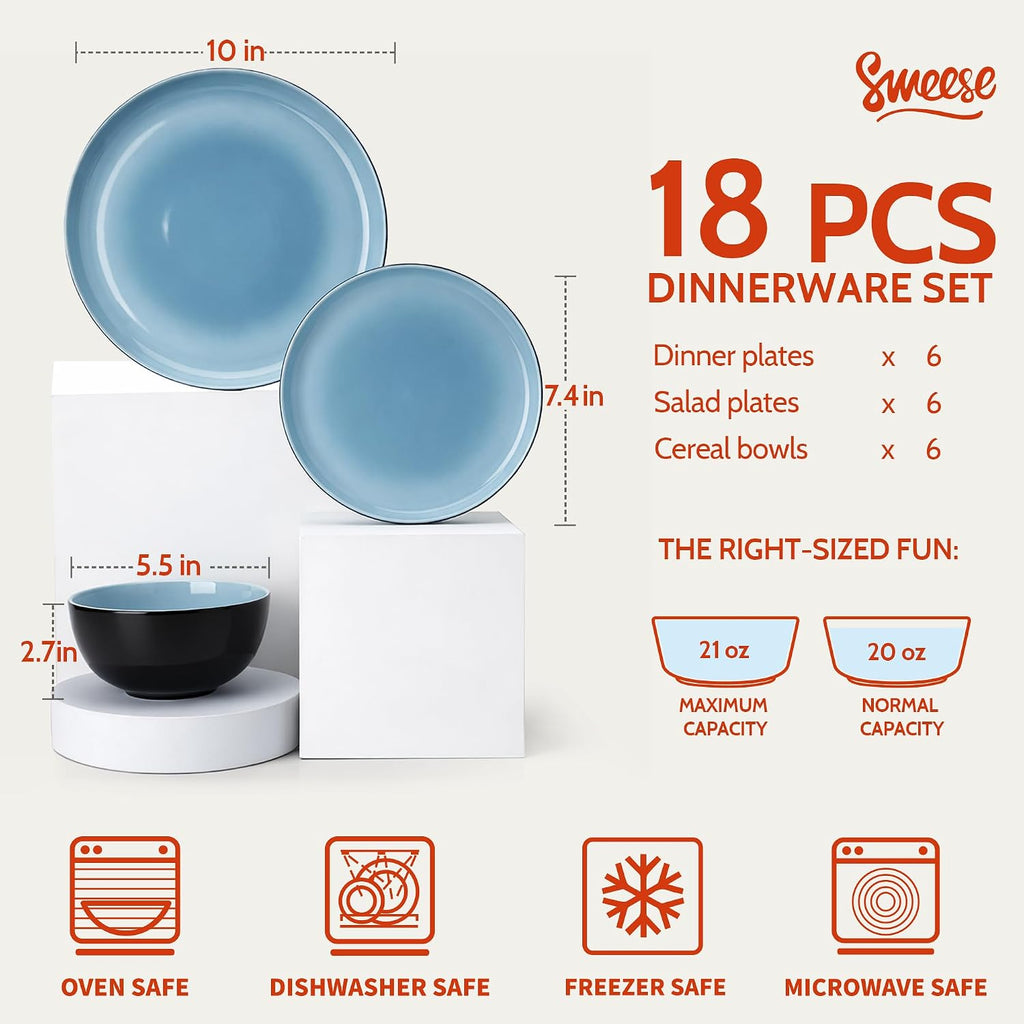 Sweese Porcelain Dinnerware Set of 6, Lightweight Round Plates and Bowls Set - Dishwasher, Microwave, Oven Safe, Scratch Resistant Dinner Sets, Kitchen Dishes Set, Black & Blue