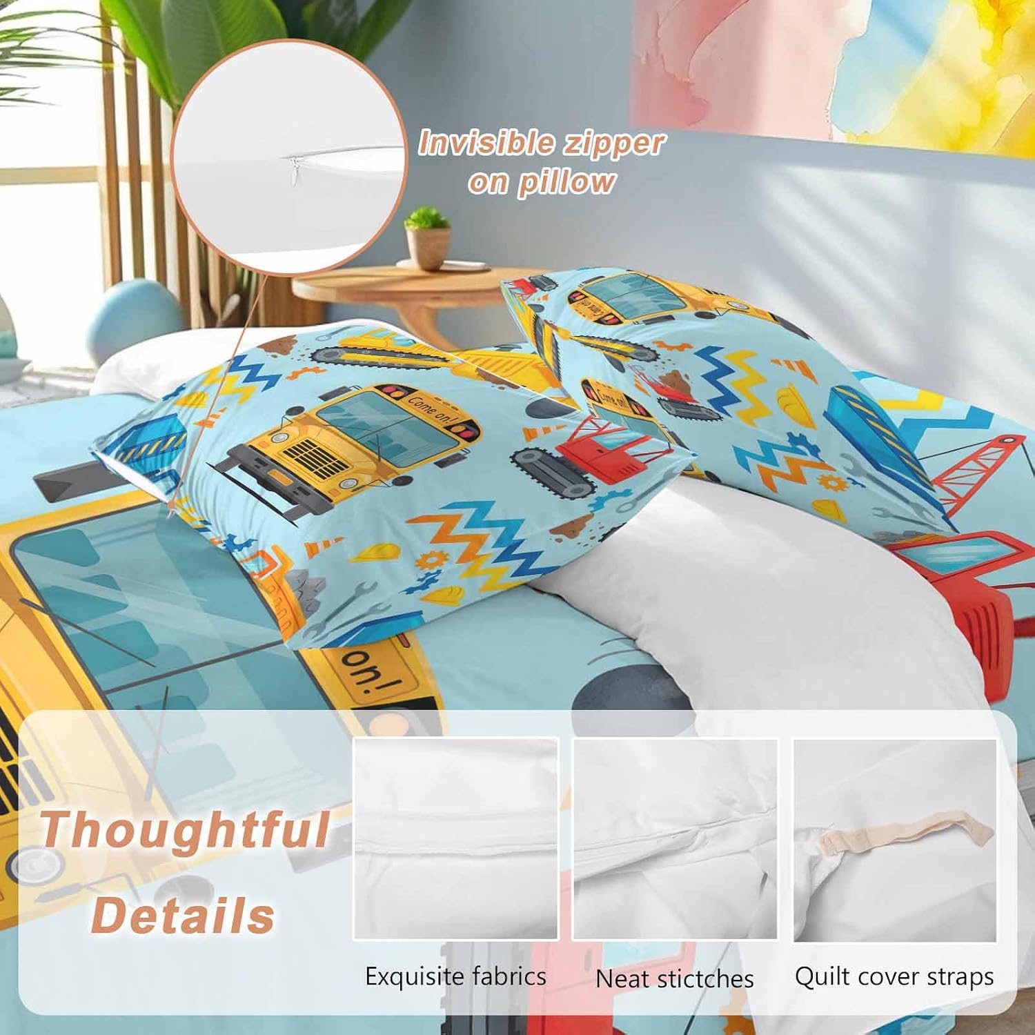 Prime Leader Cartoon Come on Duvet Cover Set Queen Size 4 Pieces Excavator Mixer Truck Wrench Helmet Blue Bedding Set with Zipper Closure, 1 Comforter Cover 86x86 Inches 1 Flat Sheet & 2 Pillow Cases