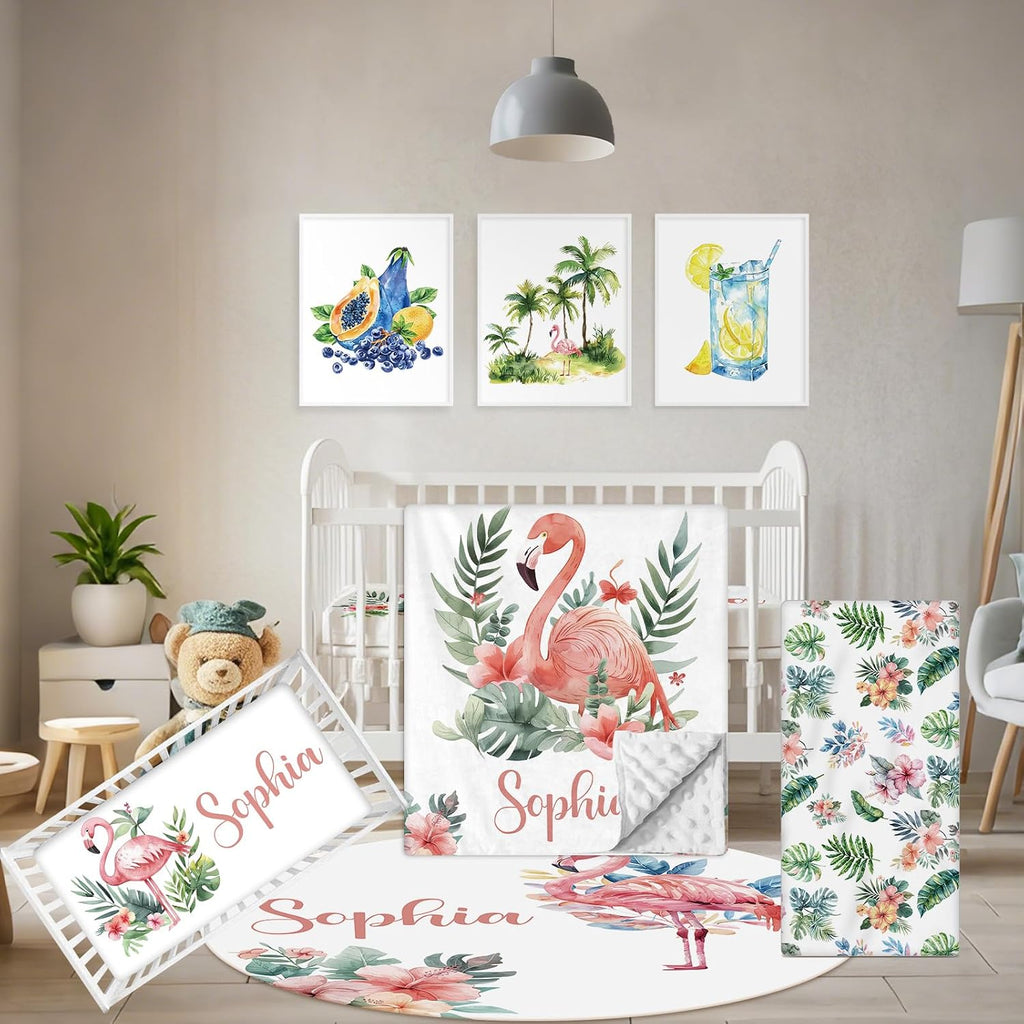 Terwex Personalized Baby Crib Bedding Set, 5 Pcs Custom Name Nursery Bedding Set, Flamingo Baby Bedding Set for Girls Boys, Double Layer Flannel Baby Crib Set, Toddlers Kids Infants Customized Gifts