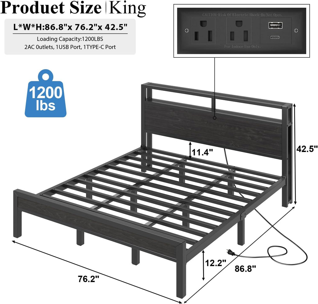 LOEWAY King Size Bed Frame with Storage Headboard, Industrial Platform Bed with Charging Station and LED Lights, Heavy Duty Metal Slats, No Box Spring Need, Noise Free, Black