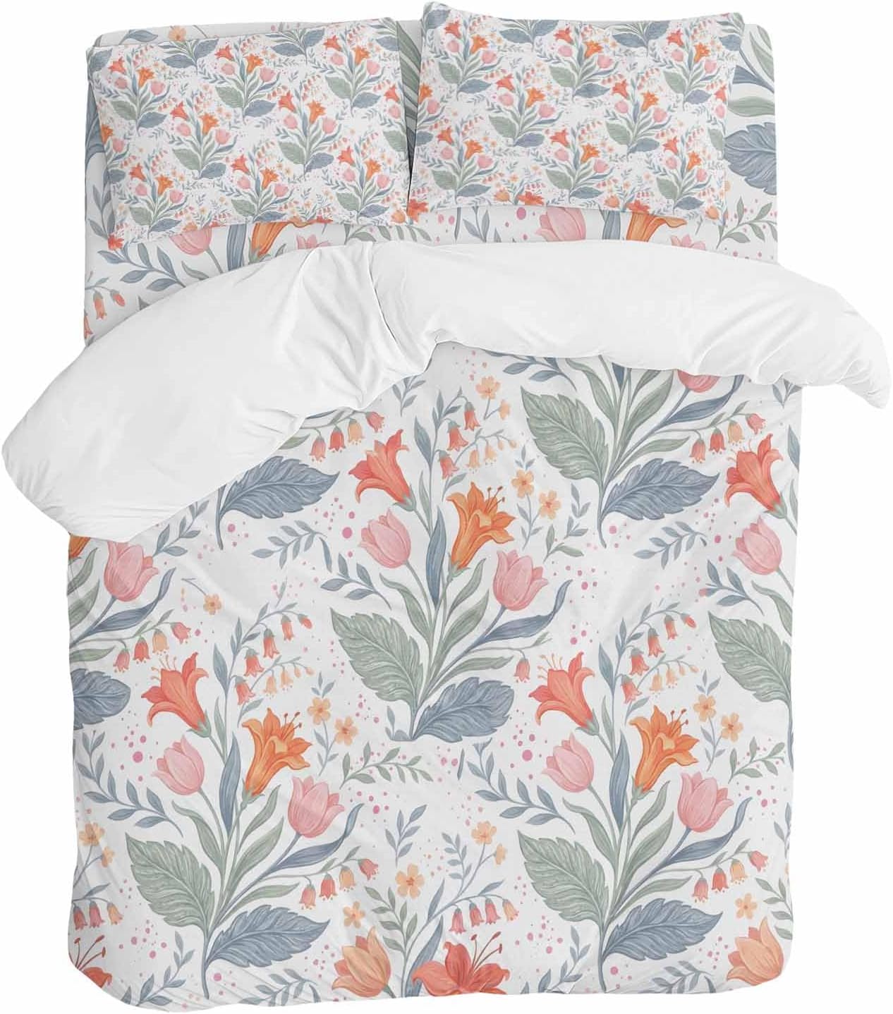 Pink Orange Flower Duvet Cover Set Queen Size 4 Pieces Watercolor Floral Green Leaf Rustic Country Bedding Set with Zipper Closure, 1 Comforter Cover 90x92 Inches 1 Flat Sheet & 2 Pillow Cases
