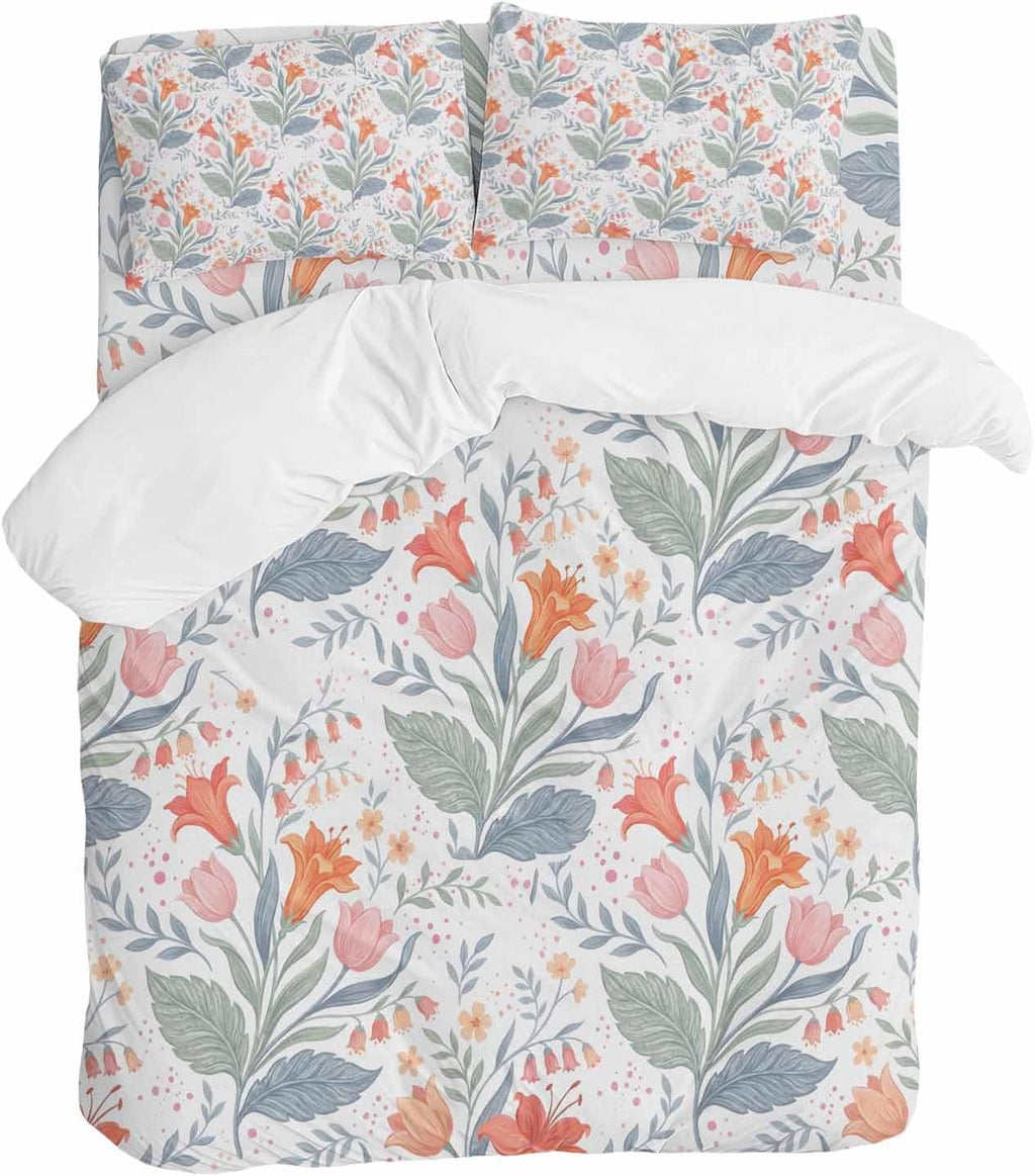 Pink Orange Flower Duvet Cover Set Queen Size 4 Pieces Watercolor Floral Green Leaf Rustic Country Bedding Set with Zipper Closure, 1 Comforter Cover 92x106 Inches 1 Flat Sheet & 2 Pillow Cases