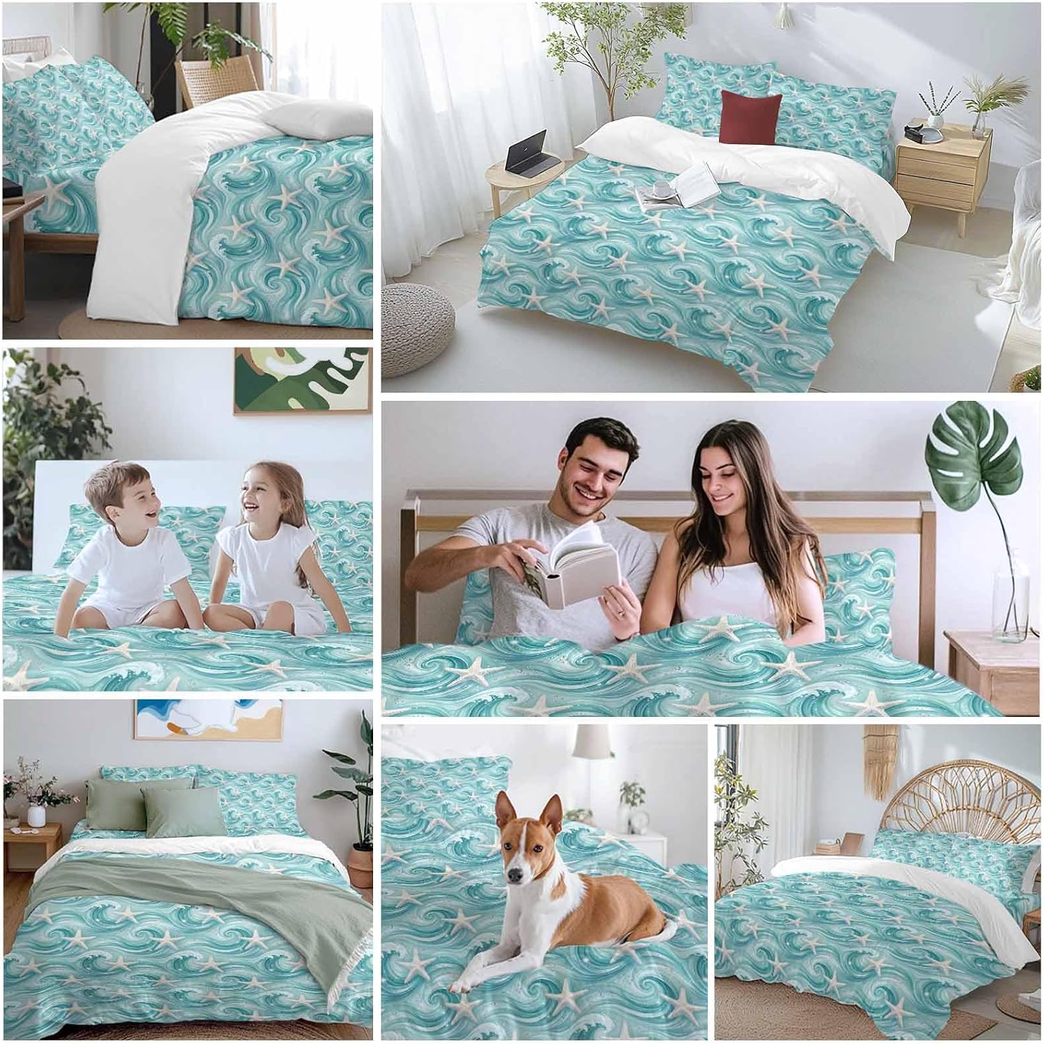 Teal Ocean Starfish Duvet Cover Set Queen Size 4 Pieces Nautical Coastal Watercolor Sea Waves Starfish Bedding Set with Zipper Closure, 1 Comforter Cover 90x92 Inches 1 Flat Sheet & 2 Pillow Cases