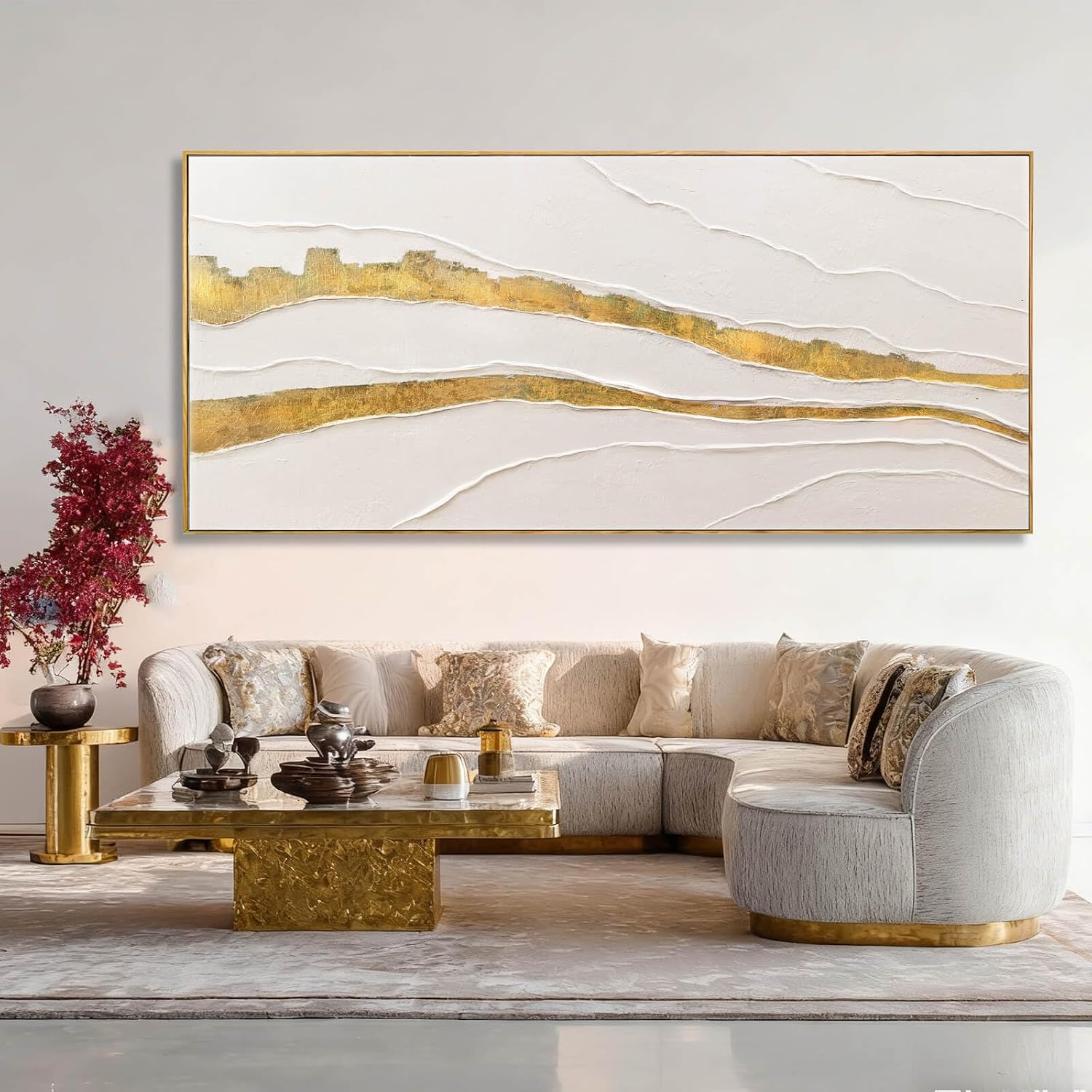 VAYIMDH White and Gold Oil Painting Wall Art Abstract Wall Decor Line Hanging Art 32'x70' Large Artwork for Living Room Decorative Pictures for Office