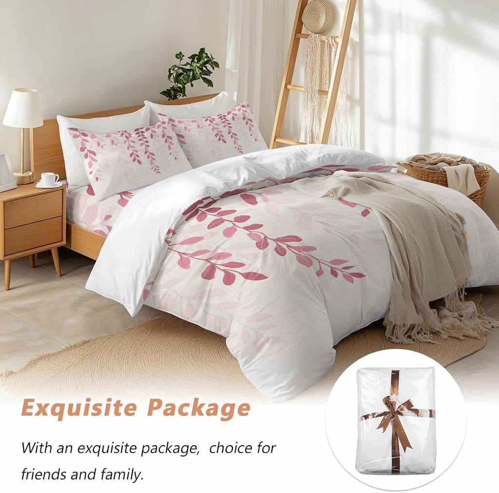 Prime Leader Plants Gradient Duvet Cover Set Queen Size 4 Pieces Pink Leaves Farmhouse Style Bedding Set with Zipper Closure, 1 Comforter Cover 92x106 Inches 1 Flat Sheet & 2 Pillow Cases