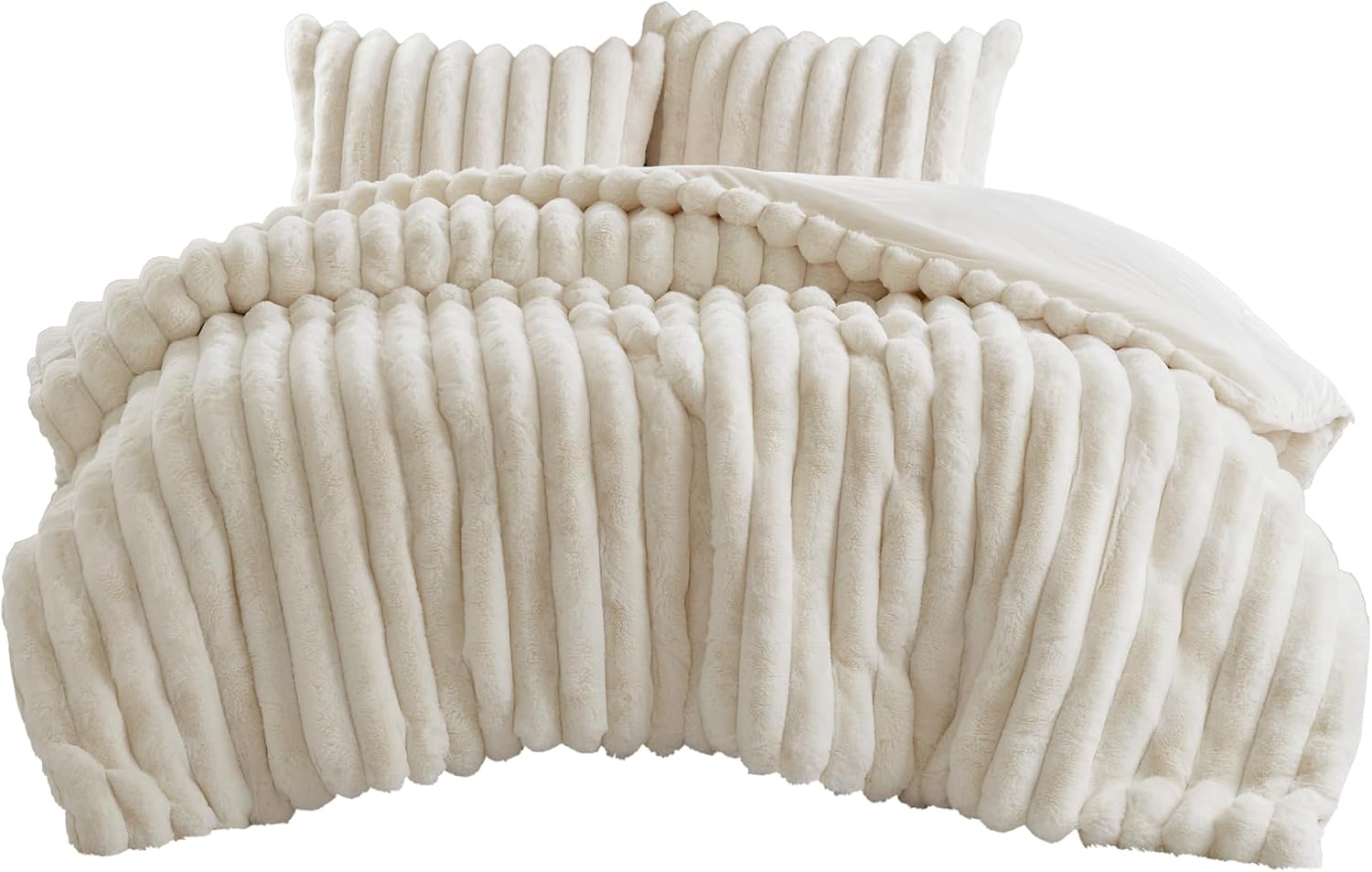 Madison Park Jasmine King Comforter Set, Luxurious Reversible Faux Fur Plush Ribbed Velvet Bedding, Fuzzy Thick Warm Winter Comforter, Super Soft Fluffy 3-Piece Set Ivory