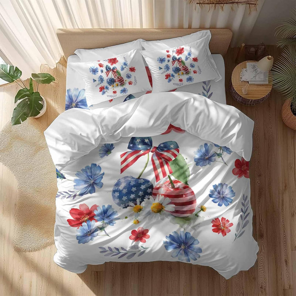 Independence Day Cherry Duvet Cover Set Queen Size 4 Pieces Patriotic Red Blue Star Flower Bow Leaf Bedding Set with Zipper Closure, 1 Comforter Cover 92x106 Inches 1 Flat Sheet & 2 Pillow Cases