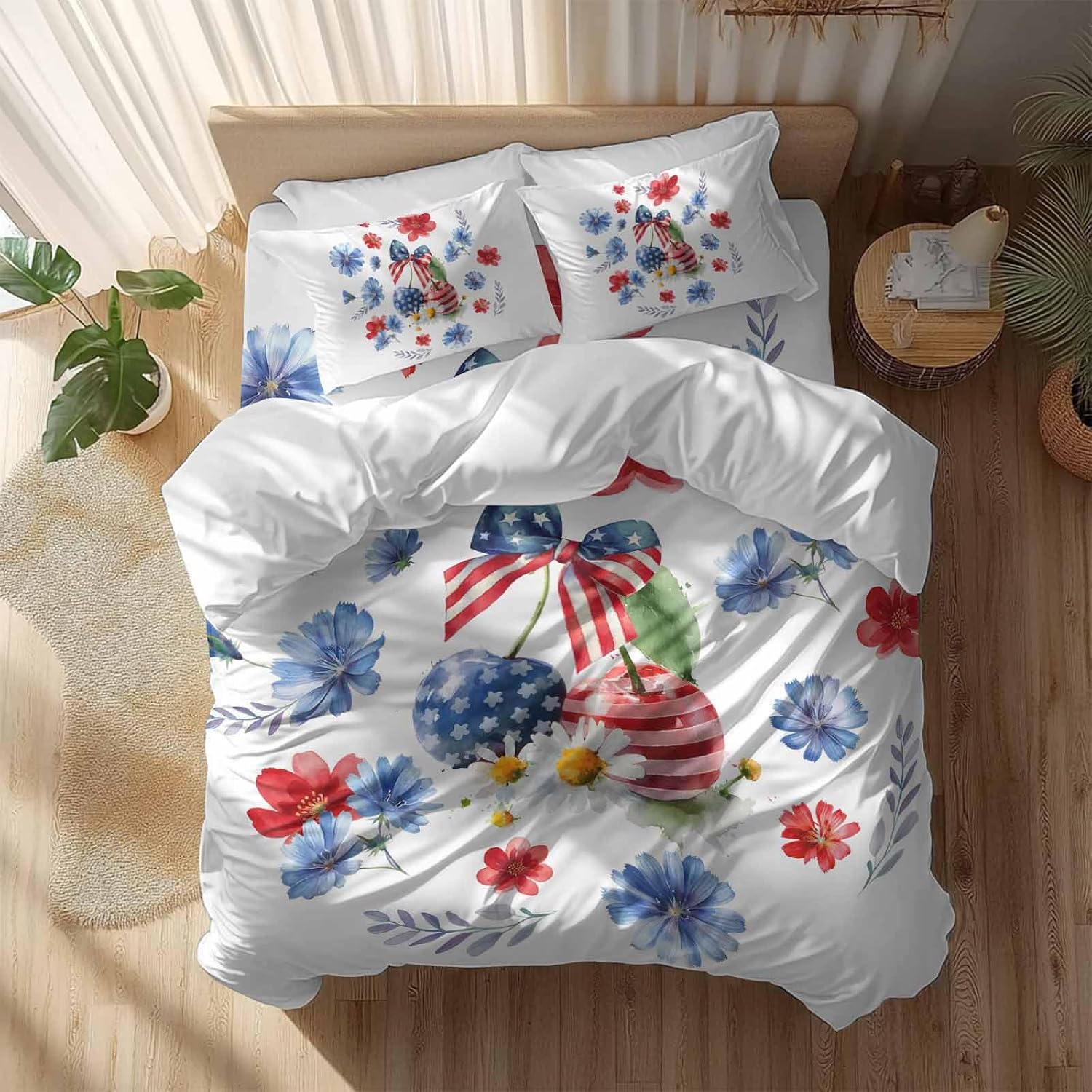 Independence Day Cherry Duvet Cover Set Queen Size 4 Pieces Patriotic Red Blue Star Flower Bow Leaf Bedding Set with Zipper Closure, 1 Comforter Cover 92x106 Inches 1 Flat Sheet & 2 Pillow Cases