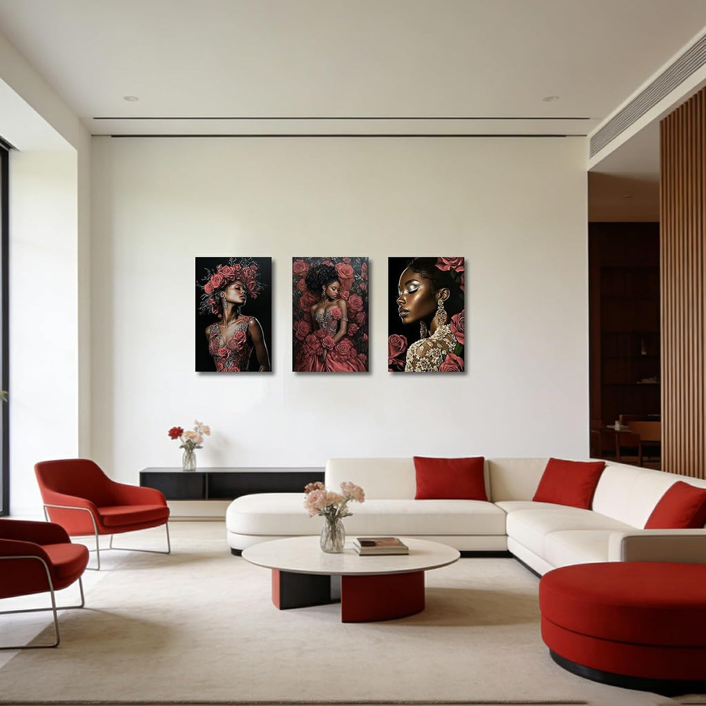 CHAOSETKEN 3 Pieces African American Wall Art Black Woman Flower Head Pictures Abstract Afro Girl & Rose Canvas Paintings Black Art Prints for Bedroom Decor Frame (Pink,24.00' x 36.00' x 3PCS)