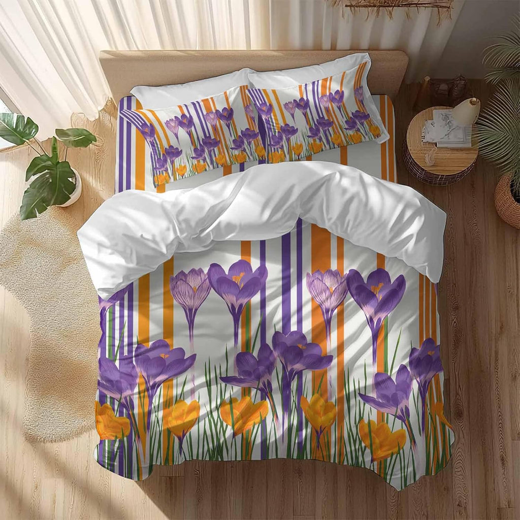 Spring Floral Duvet Cover Set Queen Size 4 Pieces Purple Yellow Gradient Flowers Colorful Stripe Bedding Set with Zipper Closure, 1 Comforter Cover 92x106 Inches 1 Flat Sheet & 2 Pillow Cases