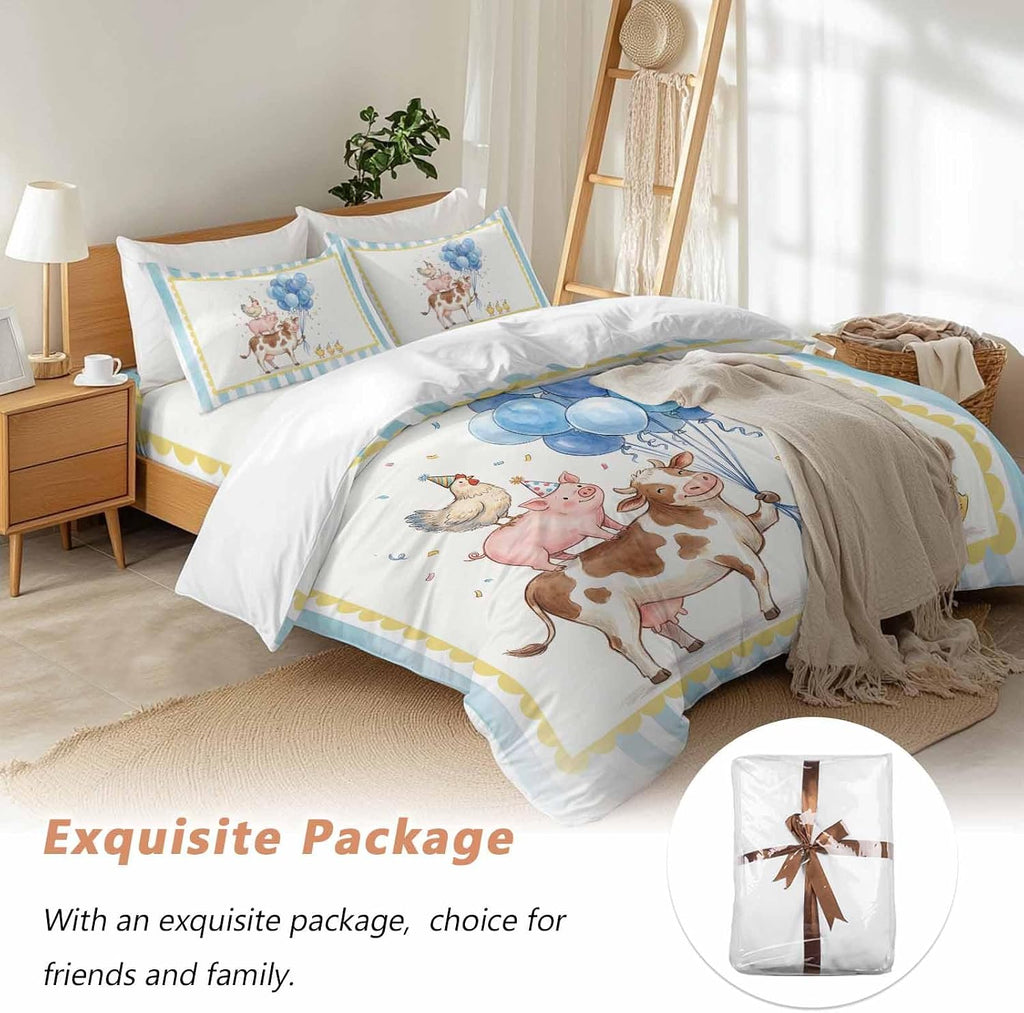 Pig Cow Duvet Cover Set Queen Size 4 Pieces Hen Chicks Blue Balloons Watercolor Animal Yellow Border Striped Bedding Set with Zipper Closure,1 Comforter Cover 90x92 Inches 1 Flat Sheet&2 Pillow Cases
