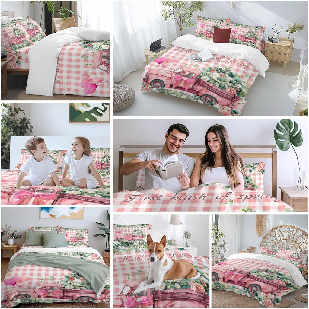 Prime Leader Pink Truck Flowers Duvet Cover Set Queen Size 4 Pieces Spring Rose Green Leaf Pink Plaid Bedding Set with Zipper Closure, 1 Comforter Cover 90x92 Inches 1 Flat Sheet & 2 Pillow Cases