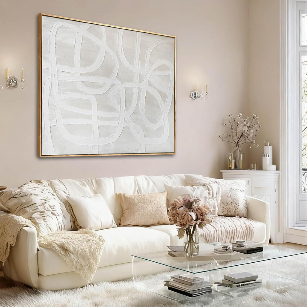 Neutral Abstract Line Wall Art, Framed Canvas Print, Beige Minimalist Modern Decor for Living Room Bedroom Office, Ready to Hang, 40x40 Inch