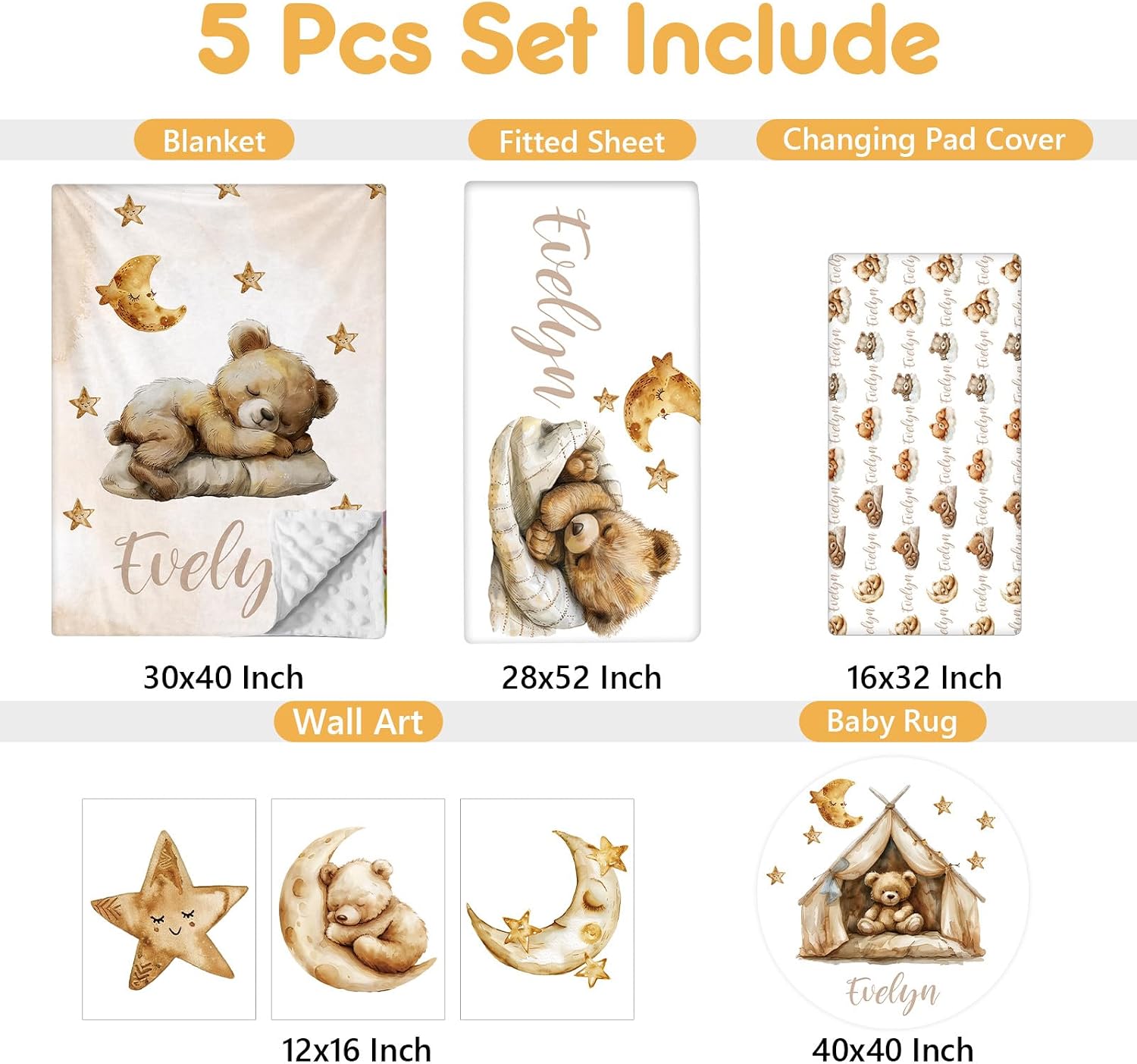Terwex Personalized Baby Bedding Set, 5 Pcs Custom Baby Crib Sets with Name, Bear Toddler Bedding Set for Baby Boys Girls, Double Layer Nursery Flannel Bedding Set, Customized Gifts for Infants Kids