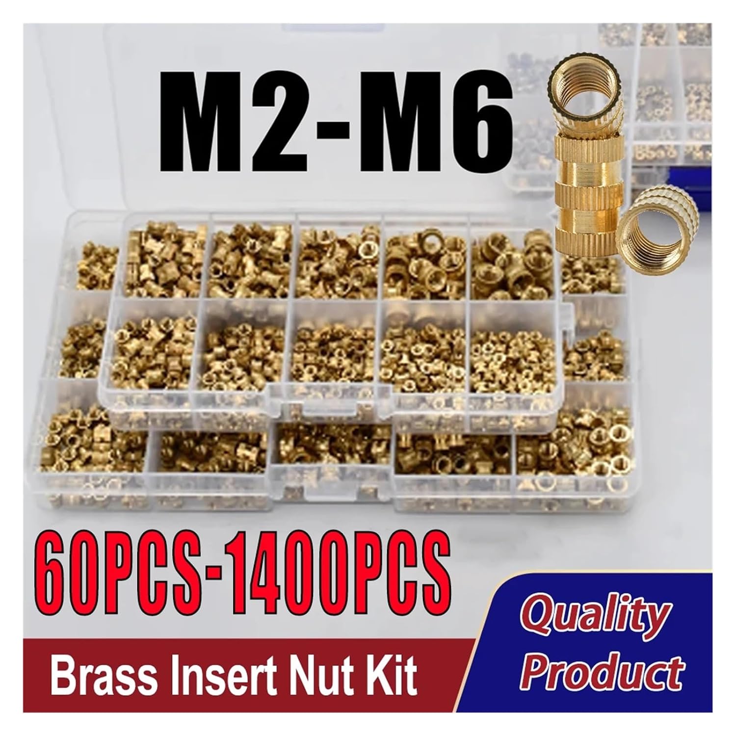 Brass Insert Nut M2 M2.5 M3 M4 M5 M6 All Size 1400 Brass Insert Nut Assortment Kit Hot Melt Knurled Thread Injection Nut Inserts for 3D Printing(M2-M4(1150pcs))
