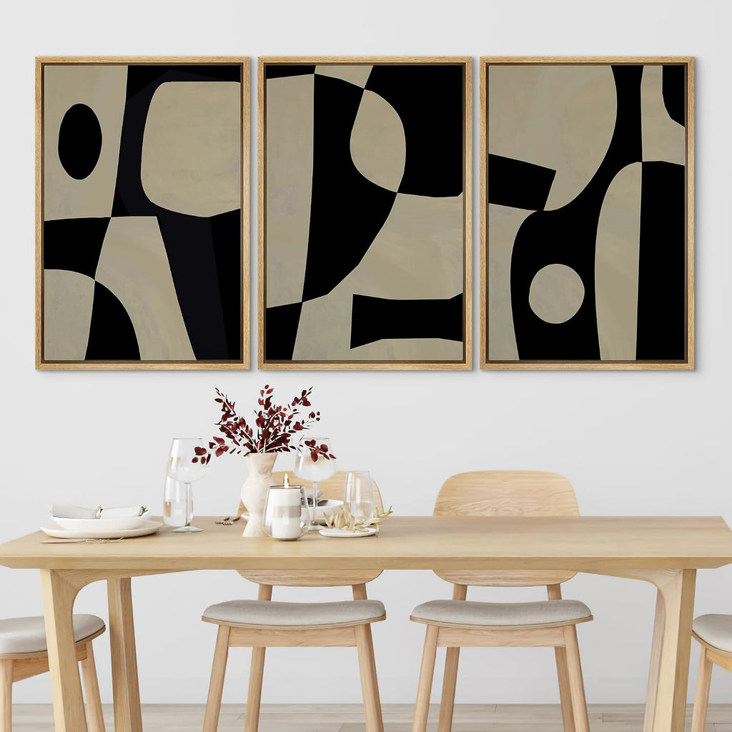 SIGNLEADER Framed Canvas Print Wall Art Set Black Geometirc Block Abstract Shapes Illustrations Minimal Decorative Bohemian Nordic for Living Room, Bedroom, Office - 24'x36'x3 NATURAL