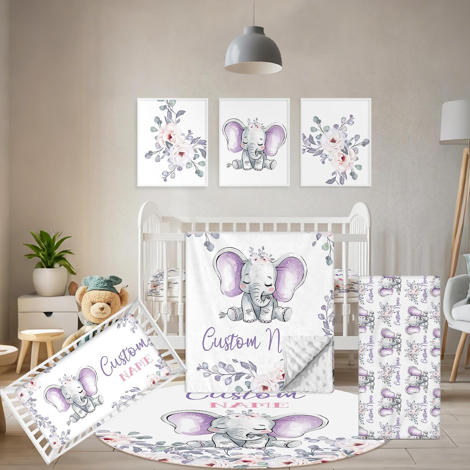 Terwex Personalized Baby Crib Bedding Set, 5 Pcs Custom Name Nursery Bedding Set, Purple Elephants Baby Bedding Set for Girls Boys, Double Layer Baby Crib Sets, Customized Gifts for Toddlers Infants