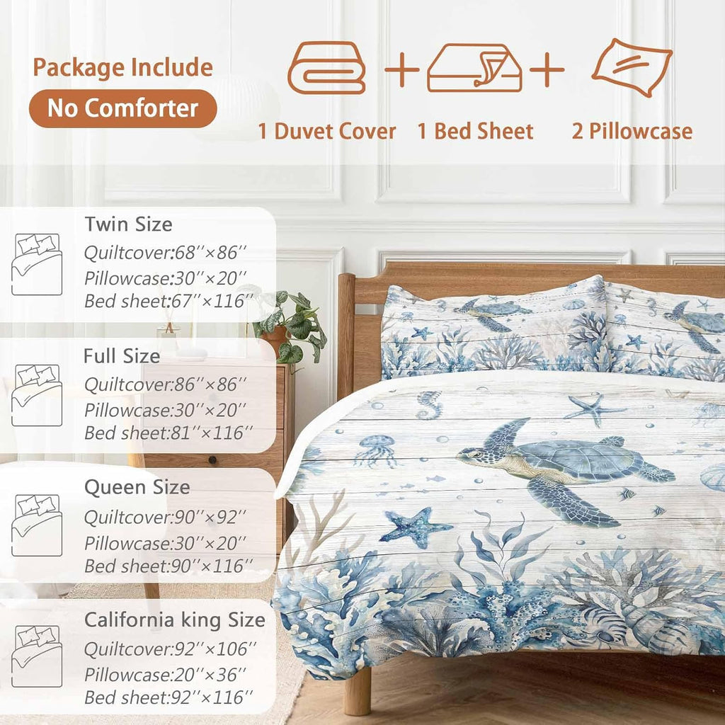 Marine Life Duvet Cover Set Queen Size 4 Pieces Ocean Turtle Coral Starfish Seashell Coastal Wood Grain Bedding Set with Zipper Closure, 1 Comforter Cover 90x92 Inches 1 Flat Sheet & 2 Pillow Cases