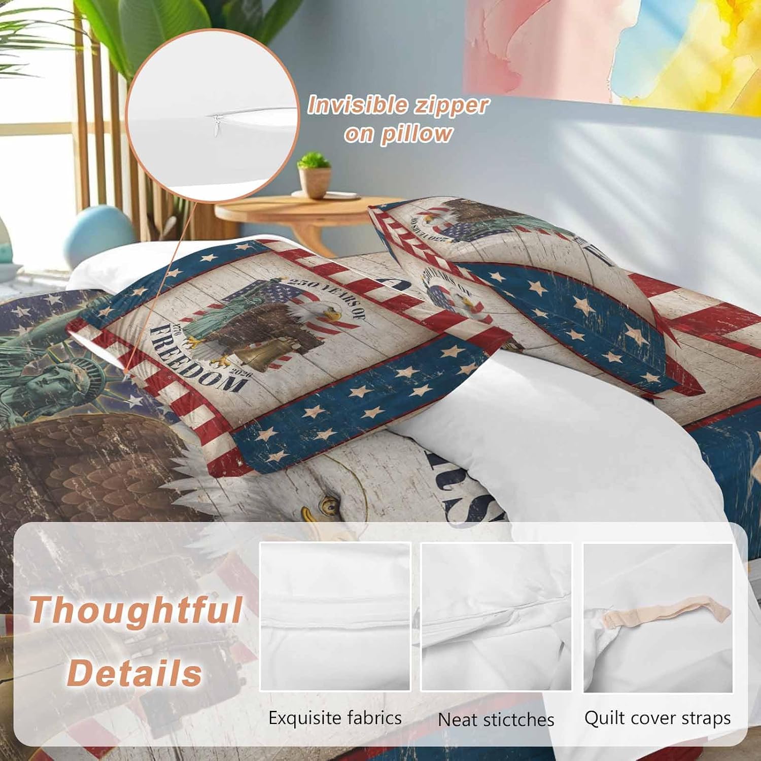 250 Years of Freedom Duvet Cover Set Queen Size 4 Pieces Patriotic Bald Eagle Star Stripe Wooden Bedding Set with Zipper Closure, 1 Comforter Cover 90x92 Inches 1 Flat Sheet & 2 Pillow Cases
