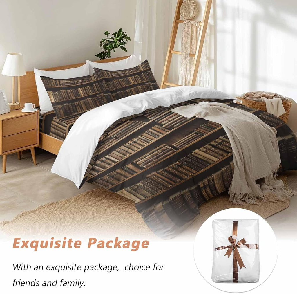 Prime Leader Vintage Bookshelf Duvet Cover Set Queen Size 4 Pieces Library Book Retro Bedding Set with Zipper Closure, 1 Comforter Cover 90x92 Inches 1 Flat Sheet & 2 Pillow Cases