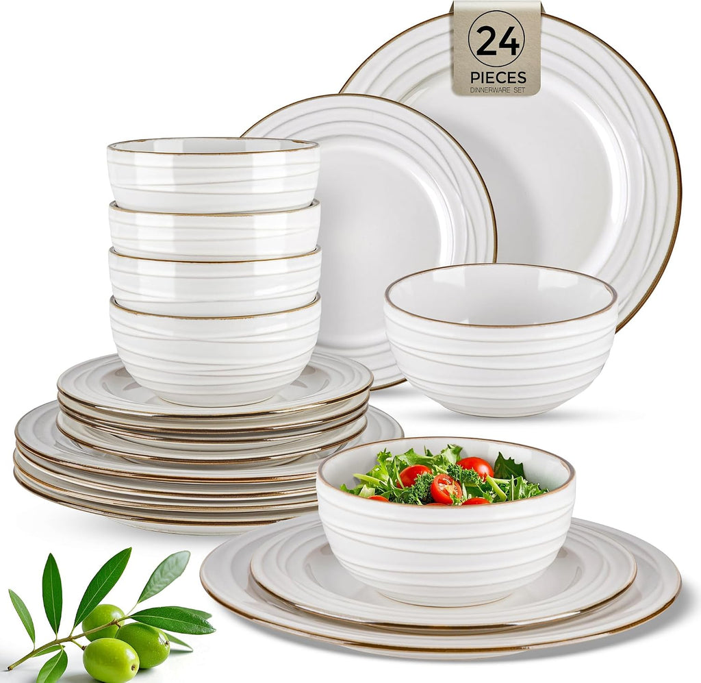 GBHOME Ceramic Dinnerware Sets, 24 pcs Embossed Elegant Stoneware Plates and Bowls Sets, Housewarming Wedding Gift | Dishwasher & Microwave Safe | Dishes Set Service for 8