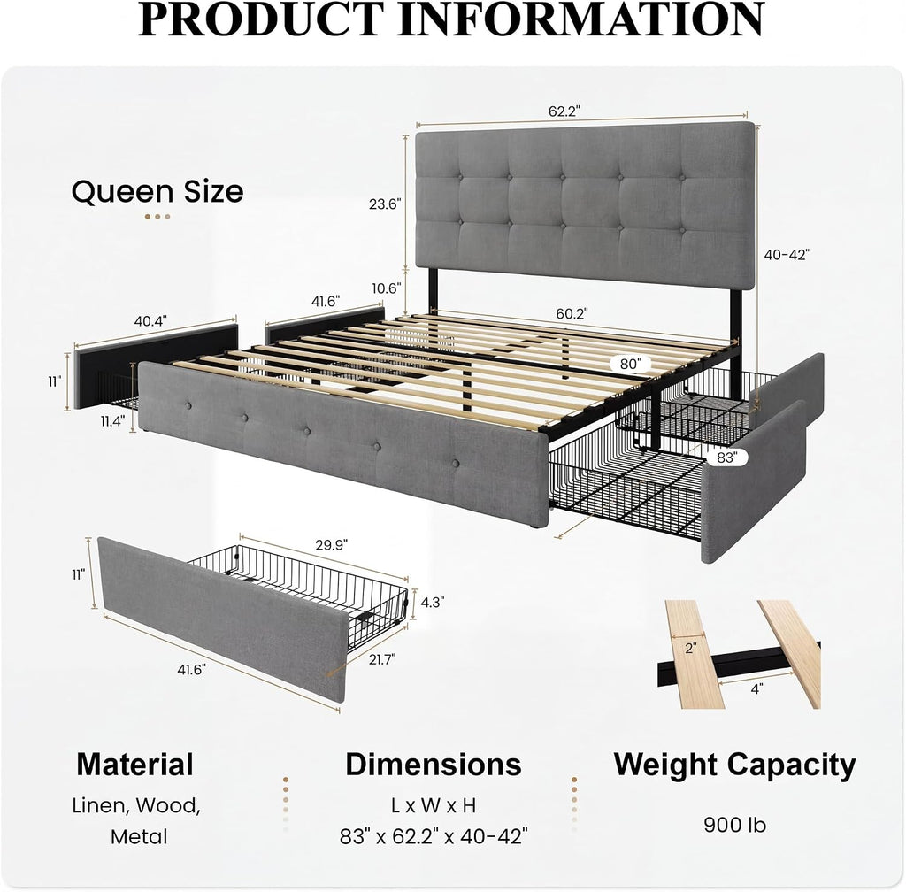 SHA CERLIN Upholstered Queen Size Platform Bed Frame with 4 Storage Drawers, Adjustable Headboard with Square Stitched Button Tufted Design, Wooden Slat Support, No Box Spring Needed, Light Grey