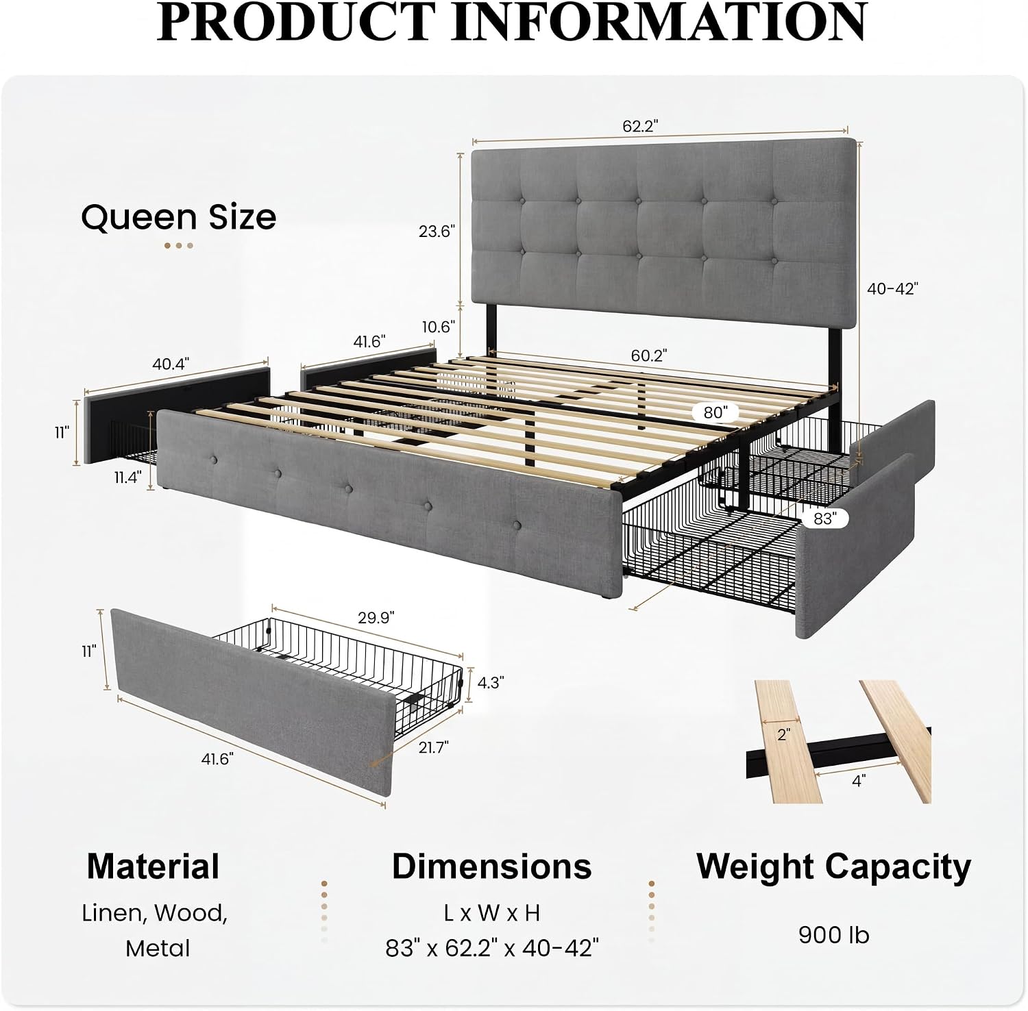 SHA CERLIN Upholstered Queen Size Platform Bed Frame with 4 Storage Drawers, Adjustable Headboard with Square Stitched Button Tufted Design, Wooden Slat Support, No Box Spring Needed, Light Grey