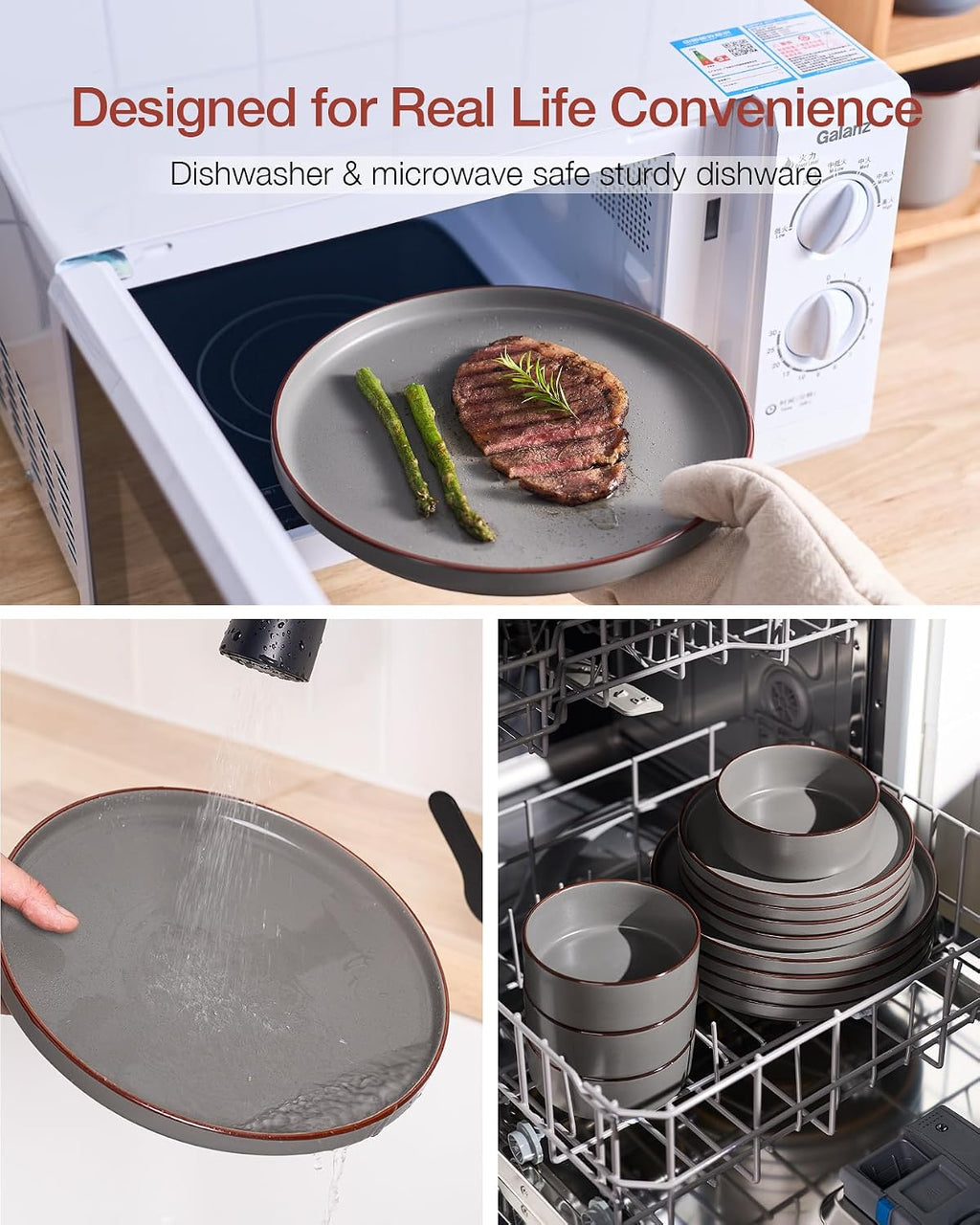 Famiware Nebula Ridge Stoneware Dinnerware Sets for 8, 24 Pieces Plates and Bowls Sets, Dishes Set, Microwave and Dishwasher Safe Kitchen Plates, Dark Gray