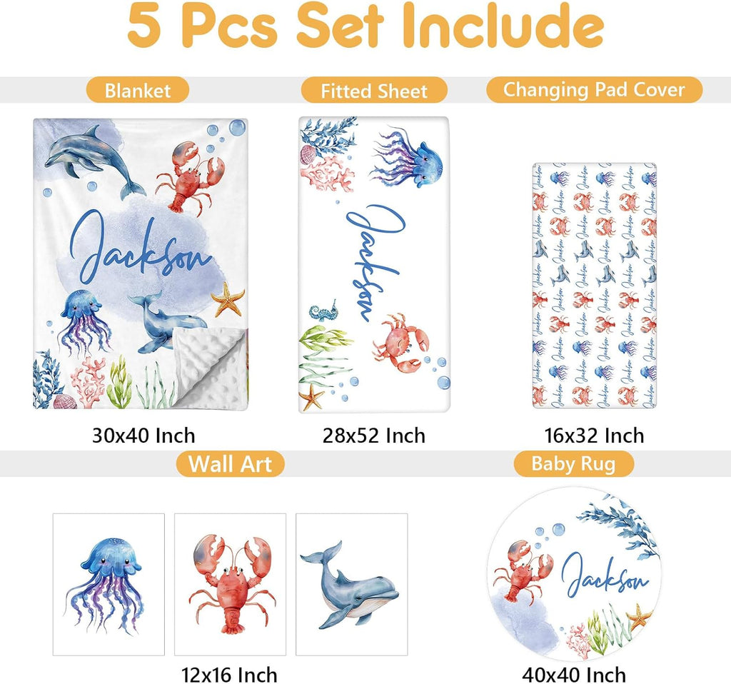 Terwex Personalized Crib Bedding Set, 5 Pcs Custom Name Nursery Bedding Sets, Marine Animals Infant Bedding Set for Baby Boy Girl, Double Layer Baby Crib Set, Babies Toddlers Kids Customized Gifts