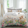 Spring Rabbits Duvet Cover Set Queen Size 4 Pieces Pink Rose Purple Flowers Daisy Vintage Linen Bedding Set with Zipper Closure, 1 Comforter Cover 90x92 Inches 1 Flat Sheet & 2 Pillow Cases