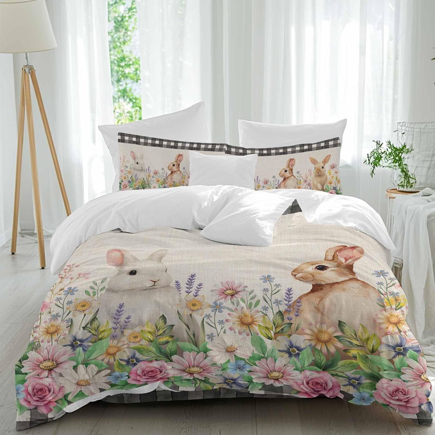 Spring Rabbits Duvet Cover Set Queen Size 4 Pieces Pink Rose Purple Flowers Daisy Vintage Linen Bedding Set with Zipper Closure, 1 Comforter Cover 90x92 Inches 1 Flat Sheet & 2 Pillow Cases