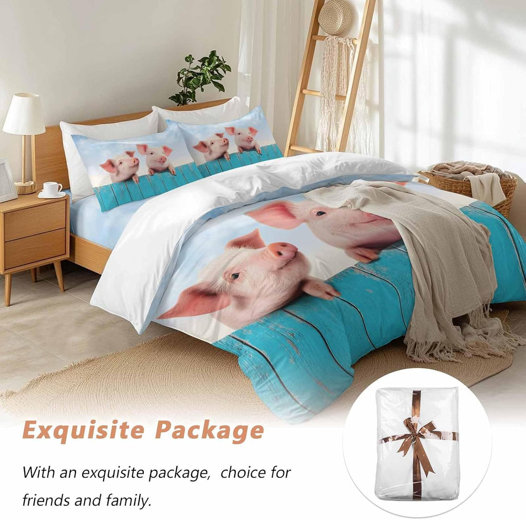 Prime Leader Pigs Duvet Cover Set Queen Size 4 Pieces Farmhouse Cute Pigs Blue Wooden Fence Blue Sky Bedding Set with Zipper Closure, 1 Comforter Cover 92x106 Inches 1 Flat Sheet & 2 Pillow Cases