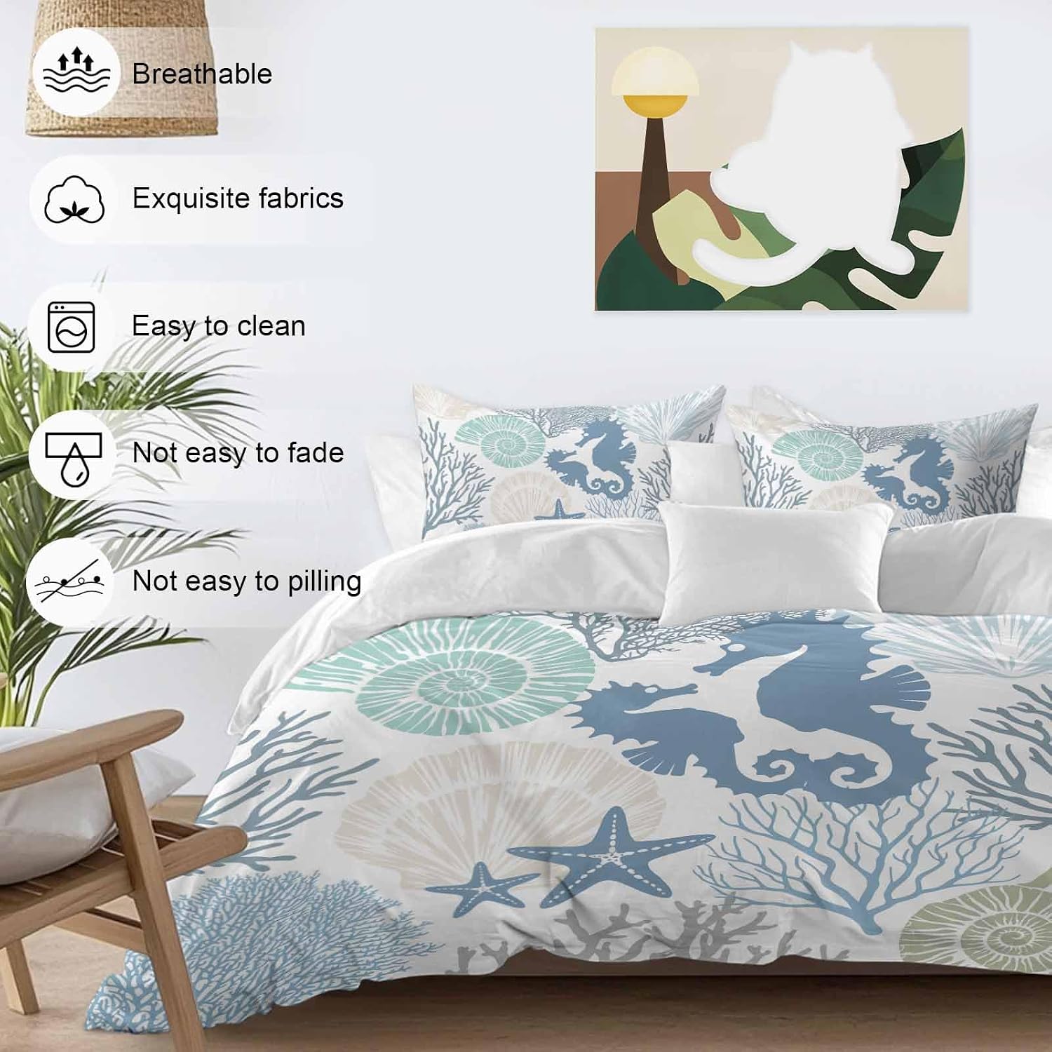 Blue Ocean Seahorse Duvet Cover Set Queen Size 4 Pieces Nautical Sea Watercolor Teal Shells Coral Starfish Bedding Set with Zipper Closure,1 Comforter Cover 92x106 Inches 1 Flat Sheet & 2 Pillow Cases