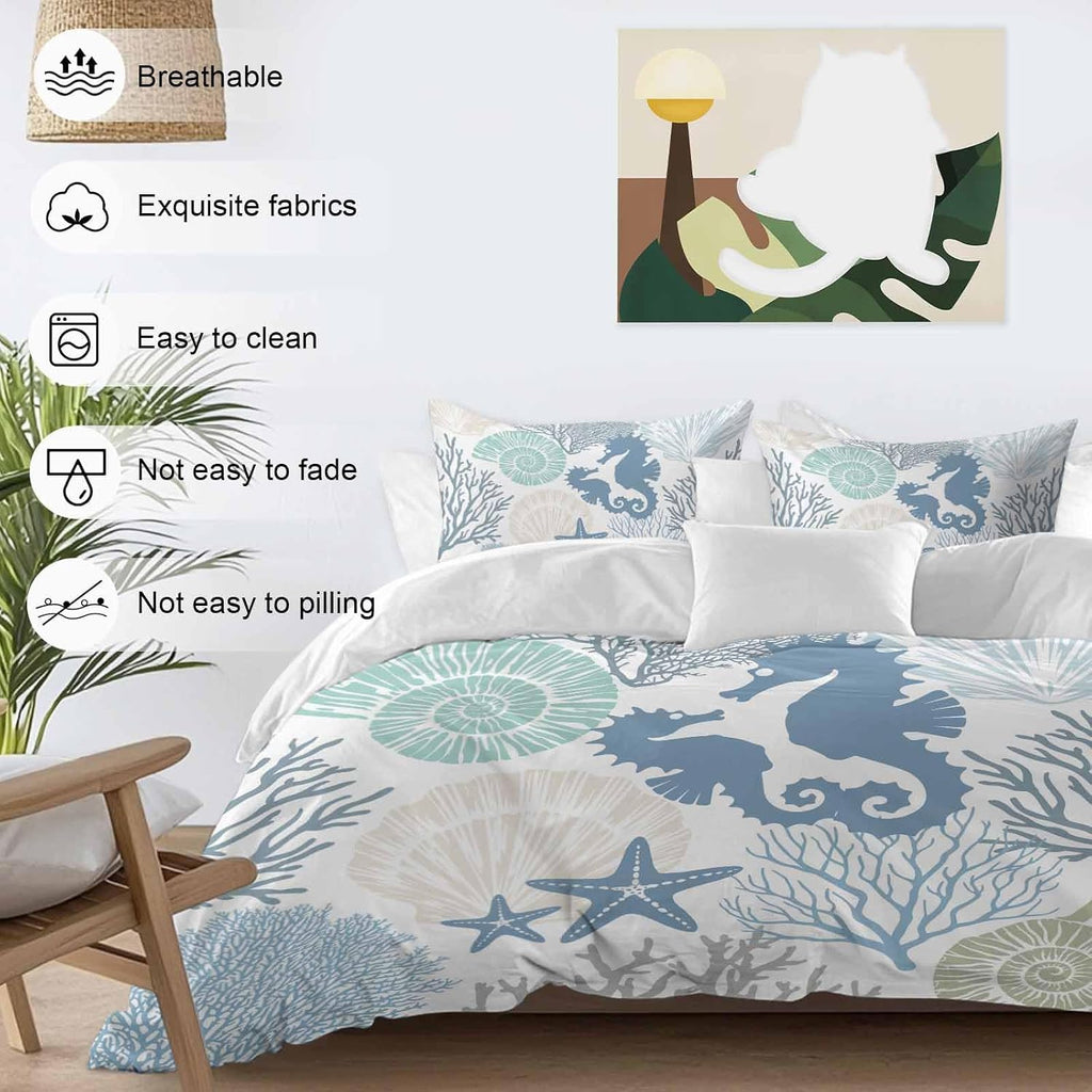 Blue Ocean Seahorse Duvet Cover Set Queen Size 4 Pieces Nautical Sea Watercolor Teal Shells Coral Starfish Bedding Set with Zipper Closure, 1 Comforter Cover 86x86 Inches 1 Flat Sheet & 2 Pillow Cases