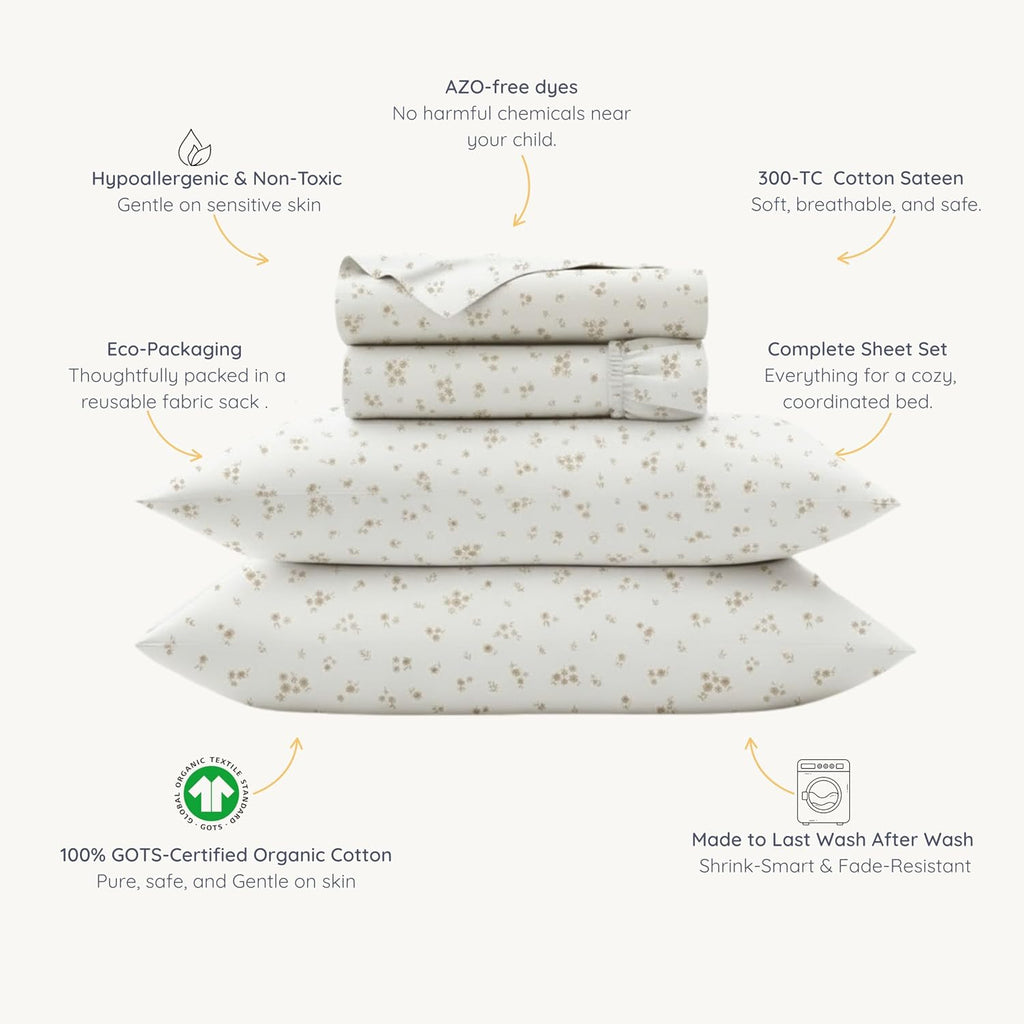 MakeMake Organics Organic Queen Sheet Set GOTS Certified Organic Cotton Sheets Queen Bed Fitted Sheet Flat Sheet Pillowcases Set - Ultra Soft Non Toxic Breathable Ditsy Flowers Peach (Queen, Bloom)