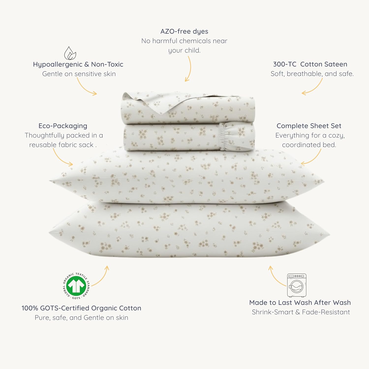 MakeMake Organics Organic Queen Sheet Set GOTS Certified Organic Cotton Sheets Queen Bed Fitted Sheet Flat Sheet Pillowcases Set - Ultra Soft Non Toxic Breathable Ditsy Flowers Peach (Queen, Bloom)