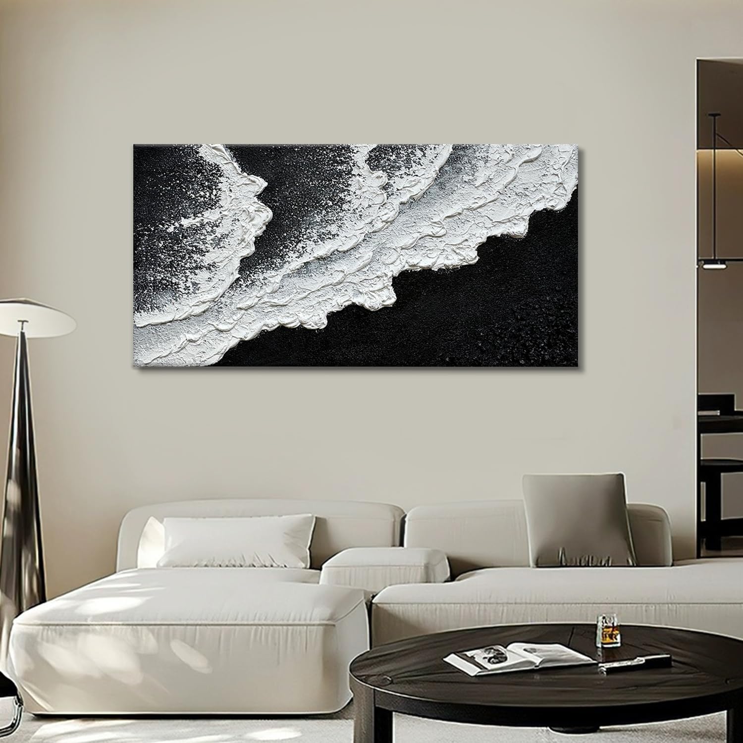 Black and White Beach Wave Textured Wall Art 3D Oil Painting Hand Painted Abstract Large Canvas Framed 29x58 Inch Acrylic Painting