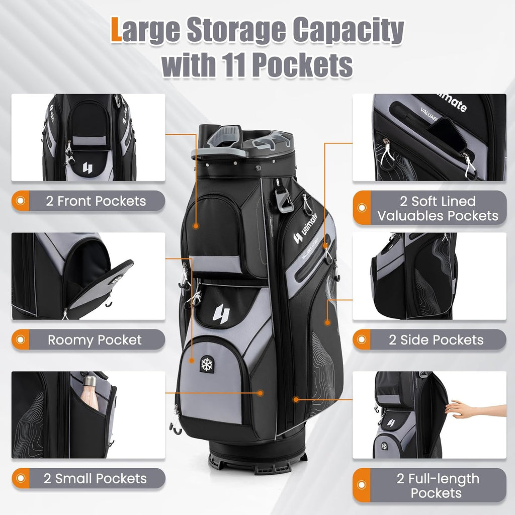 ULTIMATE 14-Way Golf Cart Bag, Golf Bag w/Molded Lock Top & Full Length Dividers, Portable Golf Club Bag w/11 Pockets, Cooler Bag, Padded Strap & Rain Hood for Men Women