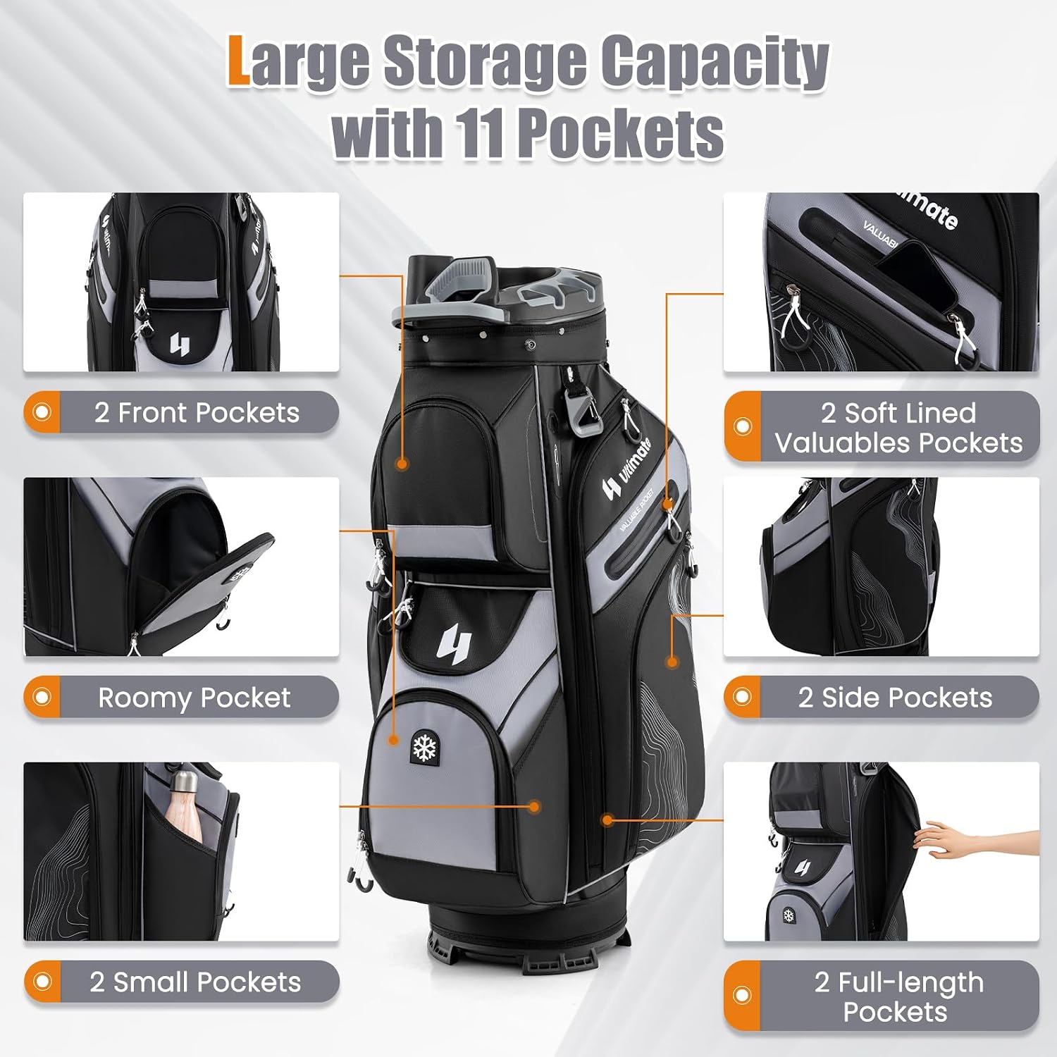 ULTIMATE 14-Way Golf Cart Bag, Golf Bag w/Molded Lock Top & Full Length Dividers, Portable Golf Club Bag w/11 Pockets, Cooler Bag, Padded Strap & Rain Hood for Men Women